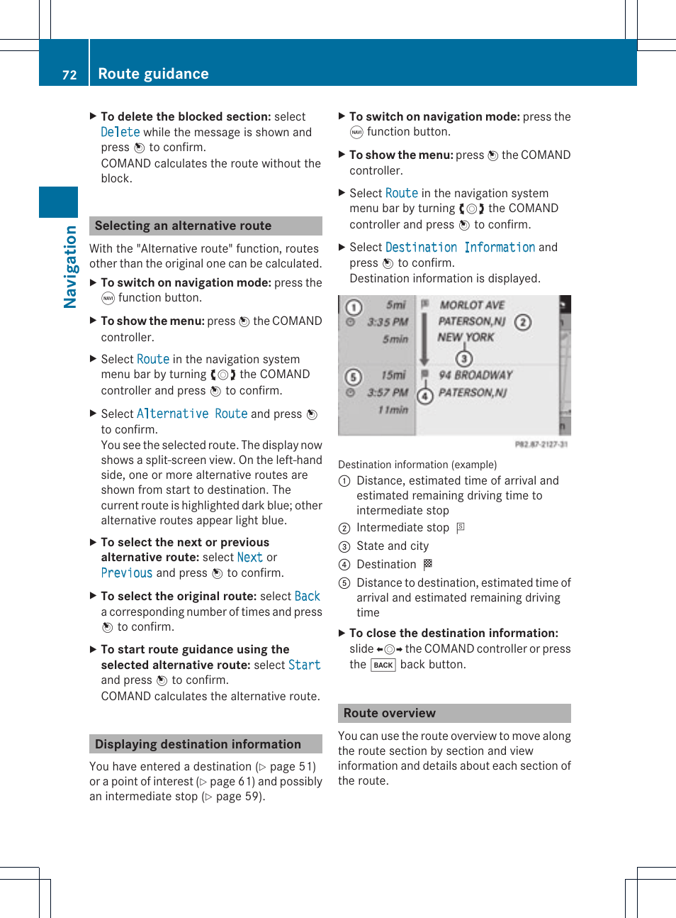Na vigat ion, Route guidance | Mercedes-Benz GLK-Class 2012 COMAND Manual User Manual | Page 74 / 182