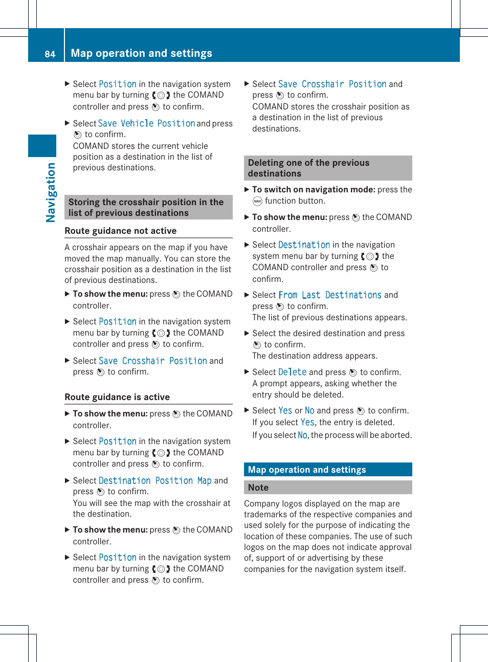 Navigat ion, Map operation and settings | Mercedes-Benz GLK-Class 2012 COMAND Manual User Manual | Page 86 / 182