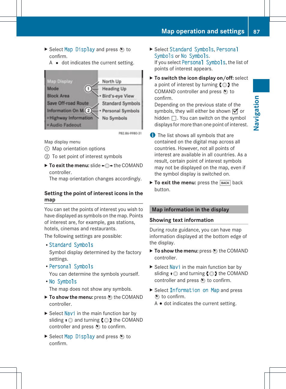 Navigatio n, Map operation and settings | Mercedes-Benz GLK-Class 2012 COMAND Manual User Manual | Page 89 / 182