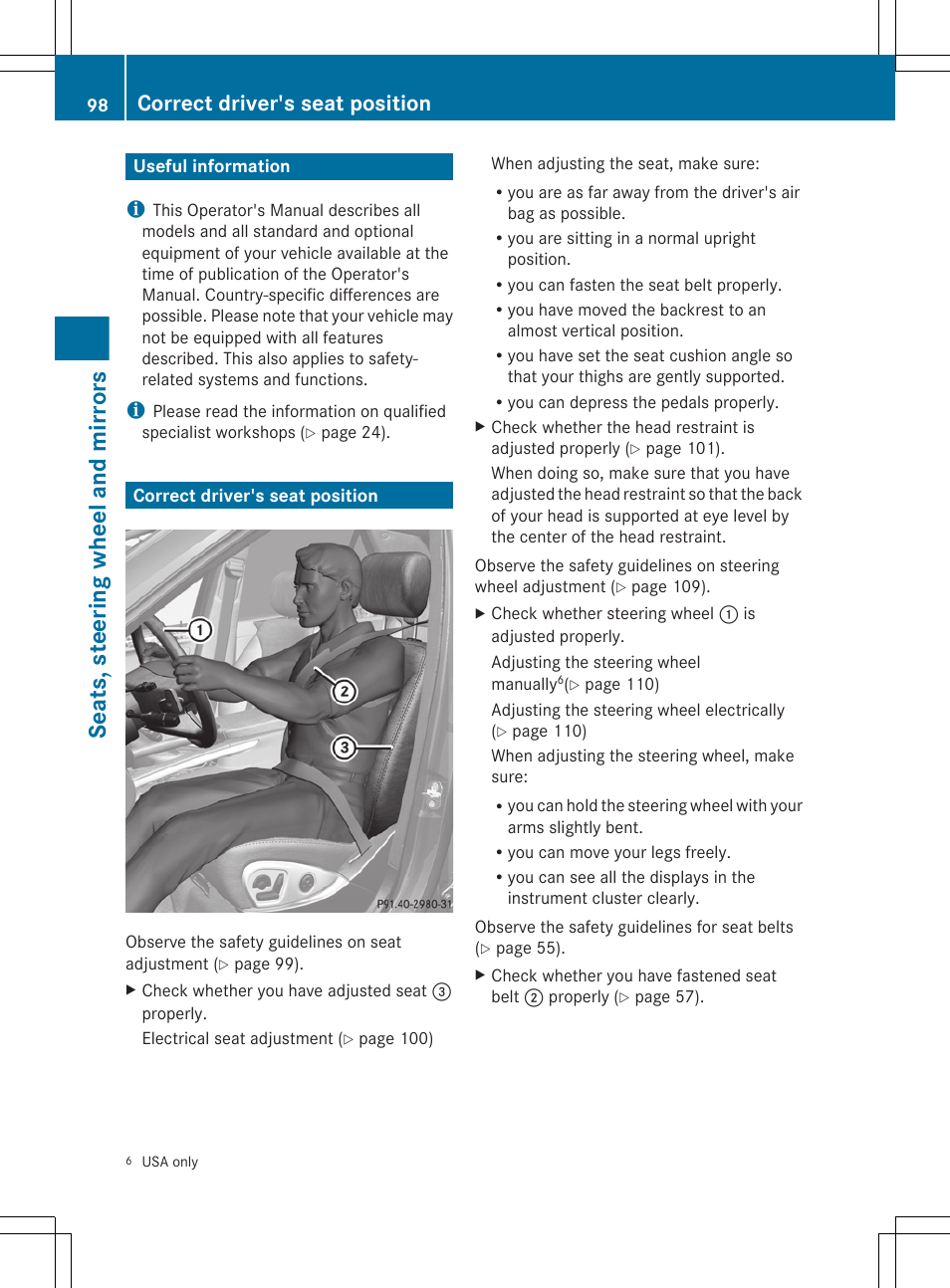 Seats, steering wheel and mirrors, Useful information, Correct driver's seat position | An almost vertical position | Mercedes-Benz GL-Class 2012 Owners Manual User Manual | Page 100 / 384