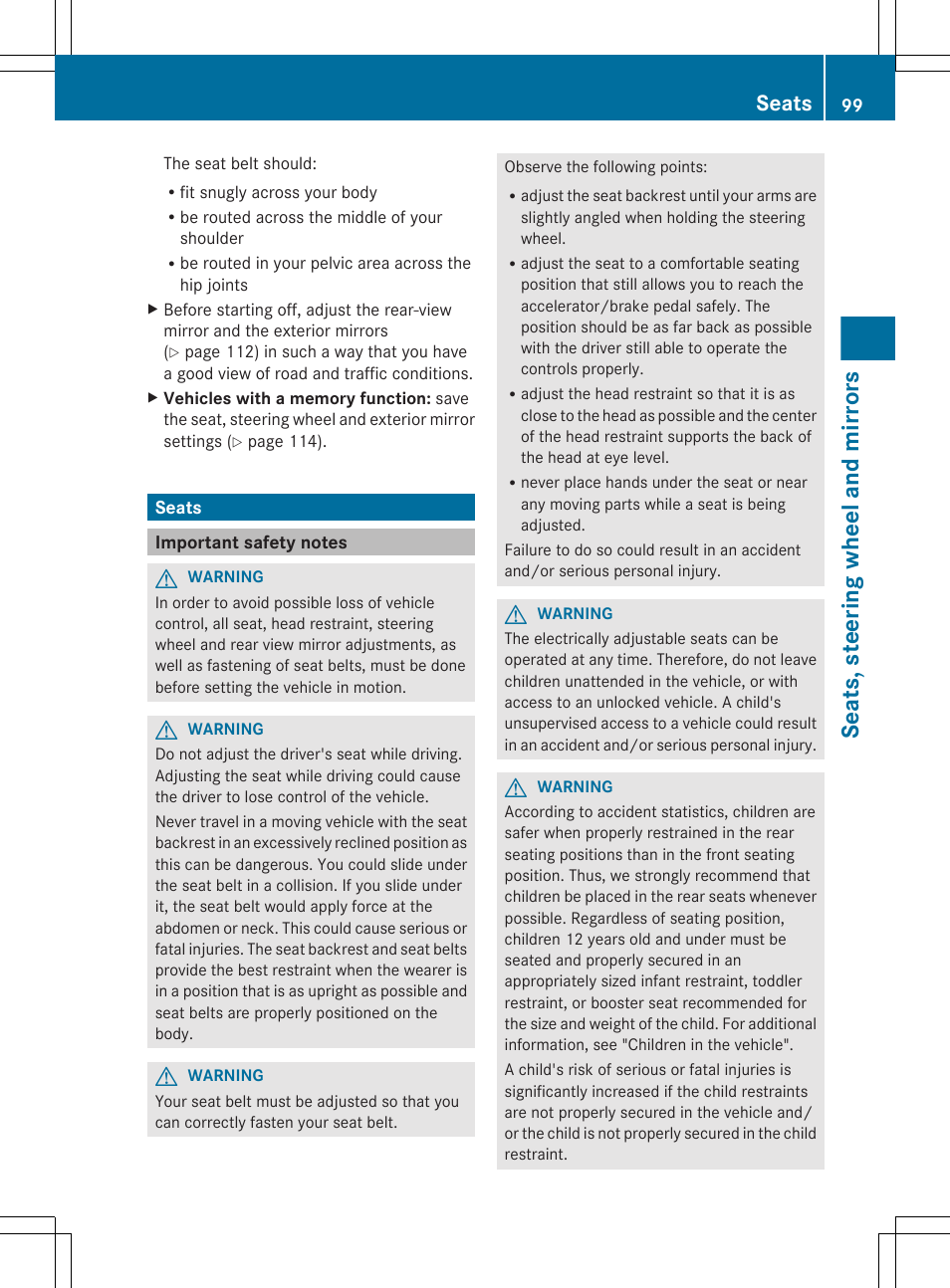 Seats, Important safety notes, Adjustment | Seats, steering wheel and mirrors | Mercedes-Benz GL-Class 2012 Owners Manual User Manual | Page 101 / 384