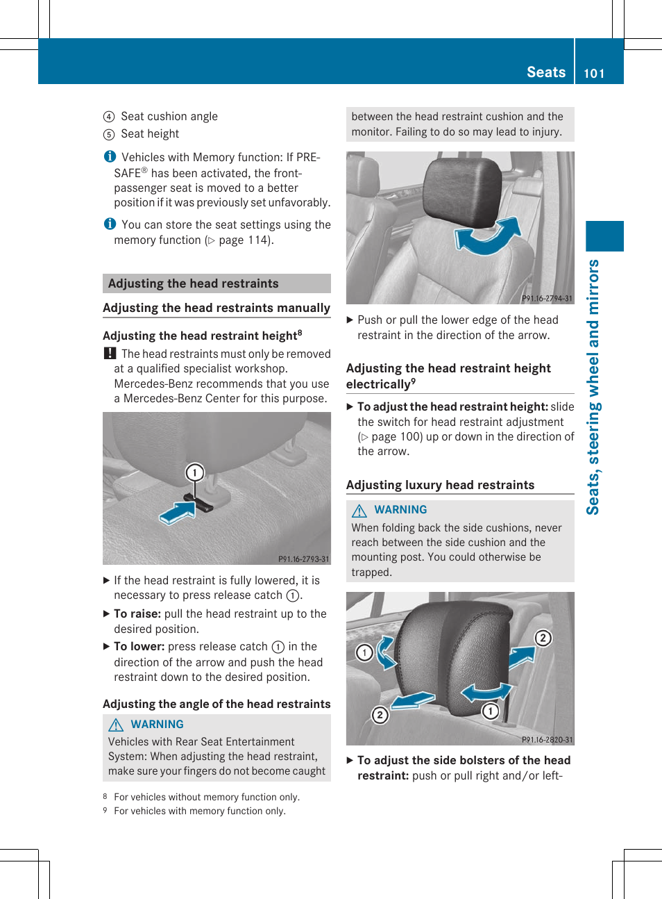 Adjusting the head restraints, Seats, steering wheel and mirrors, Seats | Mercedes-Benz GL-Class 2012 Owners Manual User Manual | Page 103 / 384