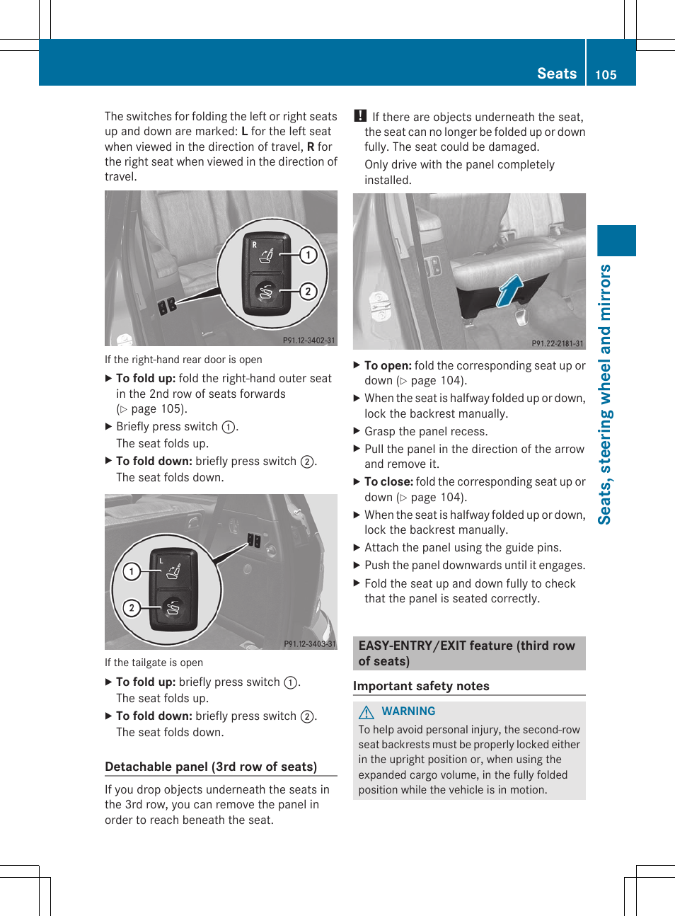 Easy-entry/exit feature (third row of seats), Seats, steering wheel and mirrors, Seats | Mercedes-Benz GL-Class 2012 Owners Manual User Manual | Page 107 / 384