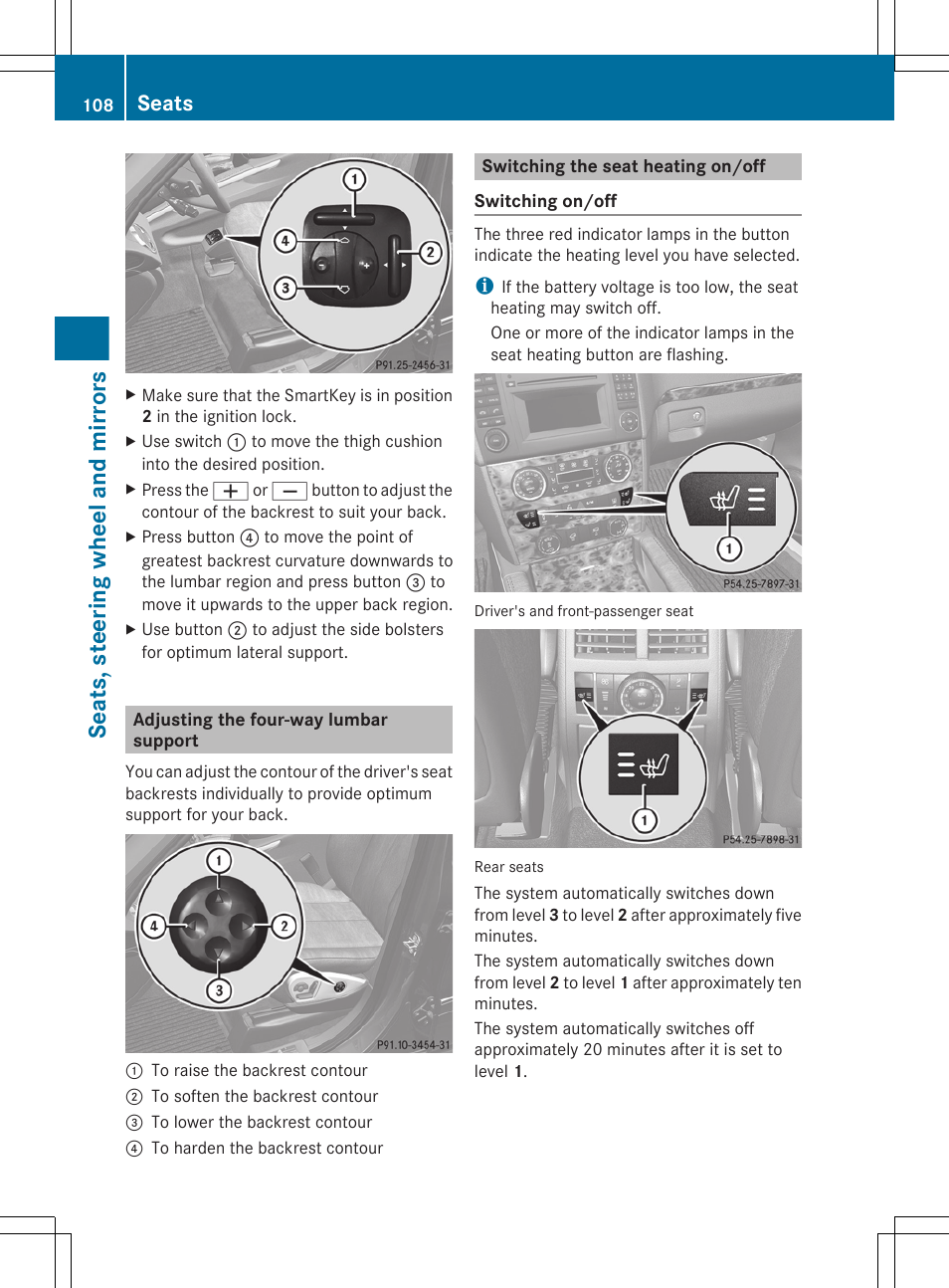 Adjusting the four-way lumbar support, Switching the seat heating on/off, Seats, steering wheel and mirrors | Seats | Mercedes-Benz GL-Class 2012 Owners Manual User Manual | Page 110 / 384