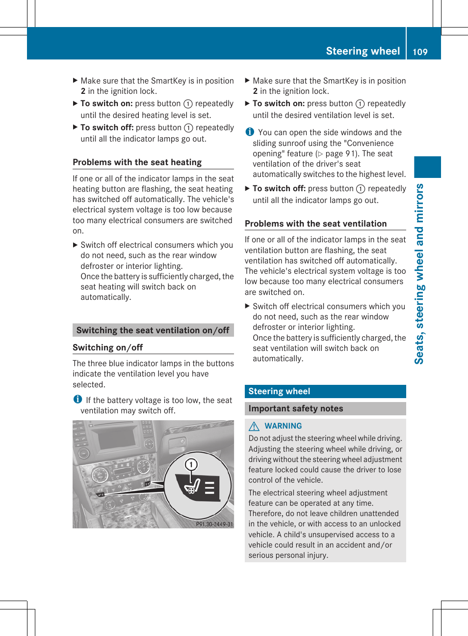 Switching the seat ventilation on/off, Steering wheel, Important safety notes | Wheel adjustment, Seats, steering wheel and mirrors | Mercedes-Benz GL-Class 2012 Owners Manual User Manual | Page 111 / 384