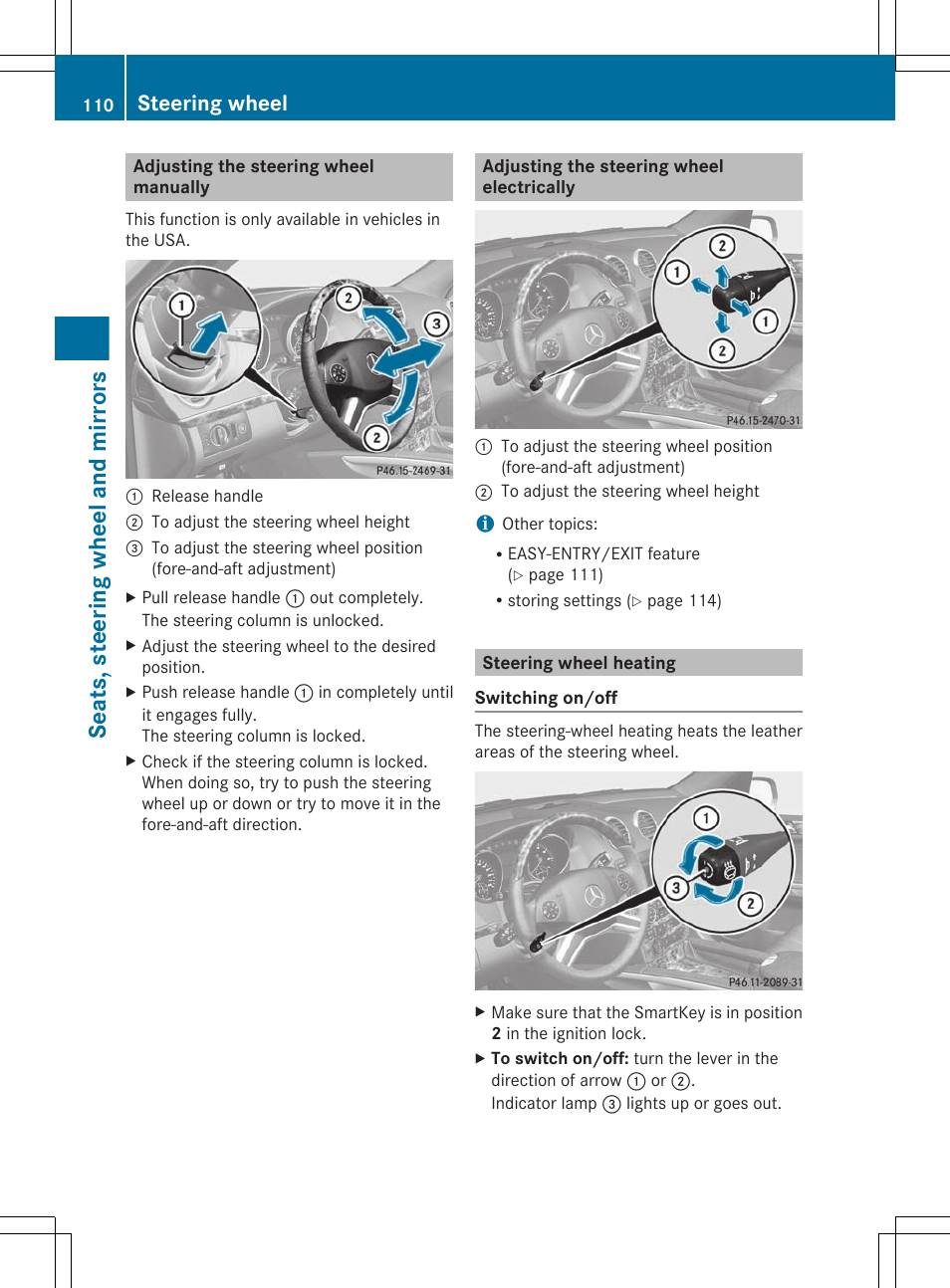Adjusting the steering wheel manually, Adjusting the steering wheel electrically, Steering wheel heating | Seats, steering wheel and mirrors, Steering wheel | Mercedes-Benz GL-Class 2012 Owners Manual User Manual | Page 112 / 384