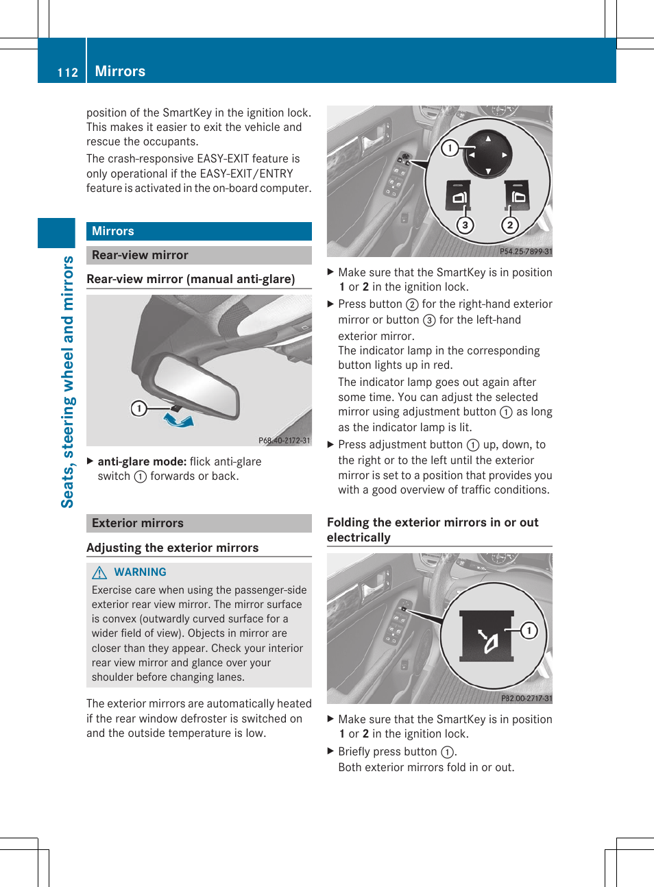 Mirrors, Rear-view mirror, Exterior mirrors | Seats, steering wheel and mirrors | Mercedes-Benz GL-Class 2012 Owners Manual User Manual | Page 114 / 384