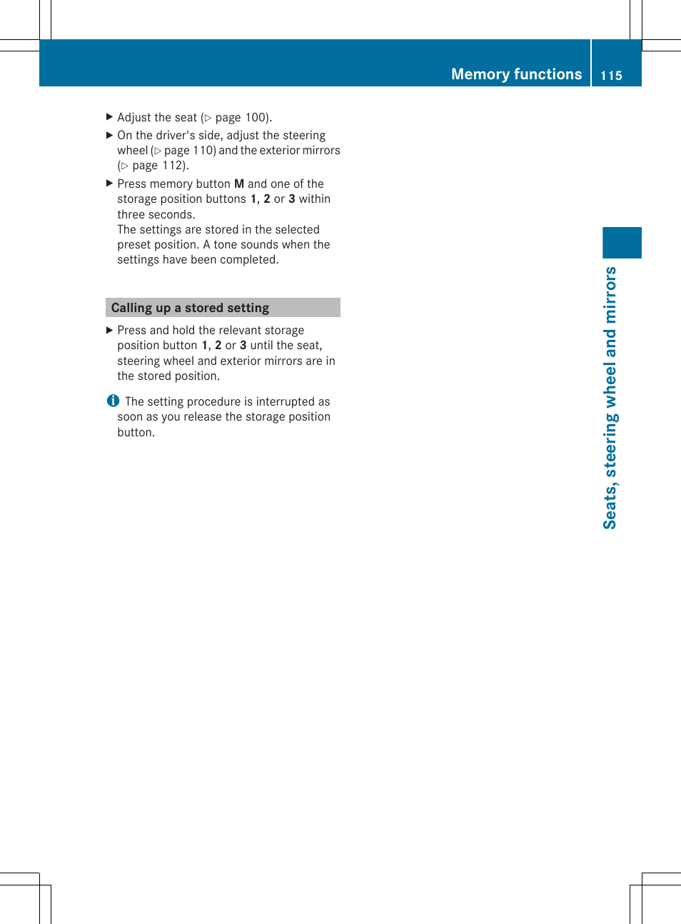 Calling up a stored setting, Seats, steering wheel and mirrors | Mercedes-Benz GL-Class 2012 Owners Manual User Manual | Page 117 / 384