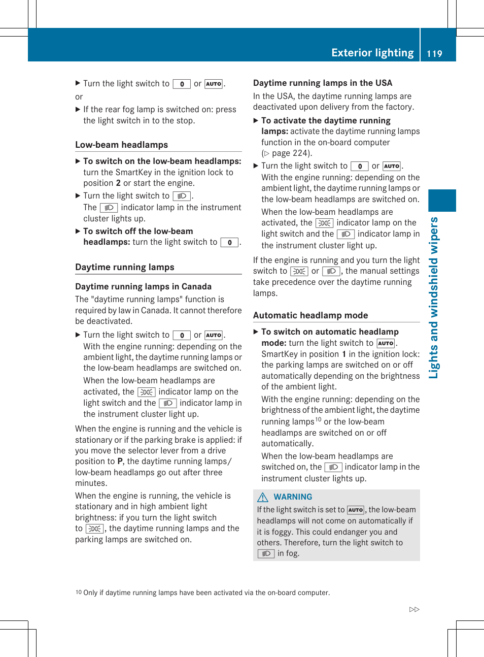 Lights and windshield wipers, Exterior lighting | Mercedes-Benz GL-Class 2012 Owners Manual User Manual | Page 121 / 384