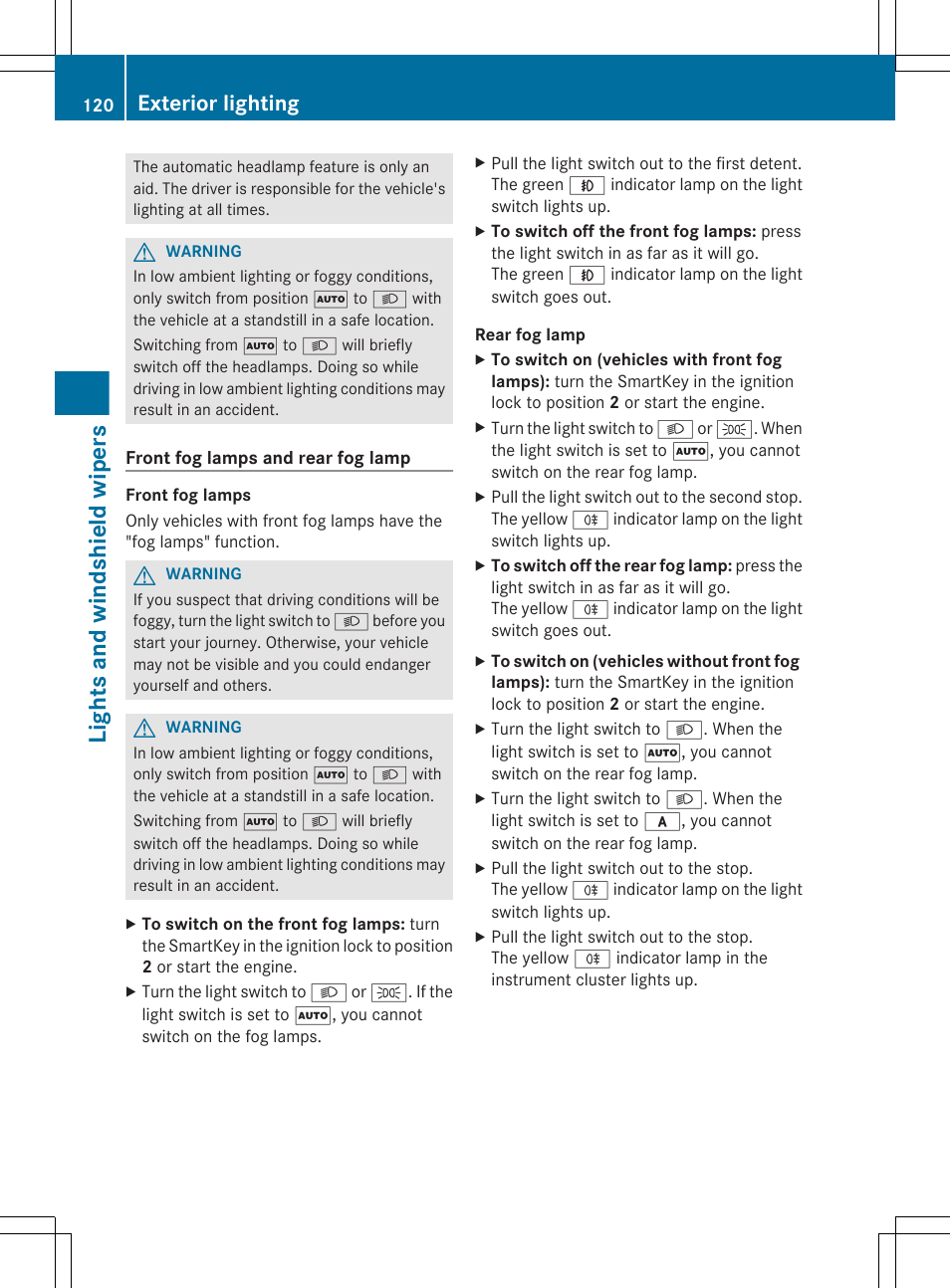 Lights and windshield wipers, Exterior lighting | Mercedes-Benz GL-Class 2012 Owners Manual User Manual | Page 122 / 384
