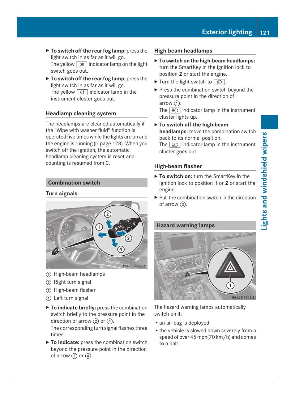 Combination switch, Hazard warning lamps, Lights and windshield wipers | Exterior lighting | Mercedes-Benz GL-Class 2012 Owners Manual User Manual | Page 123 / 384