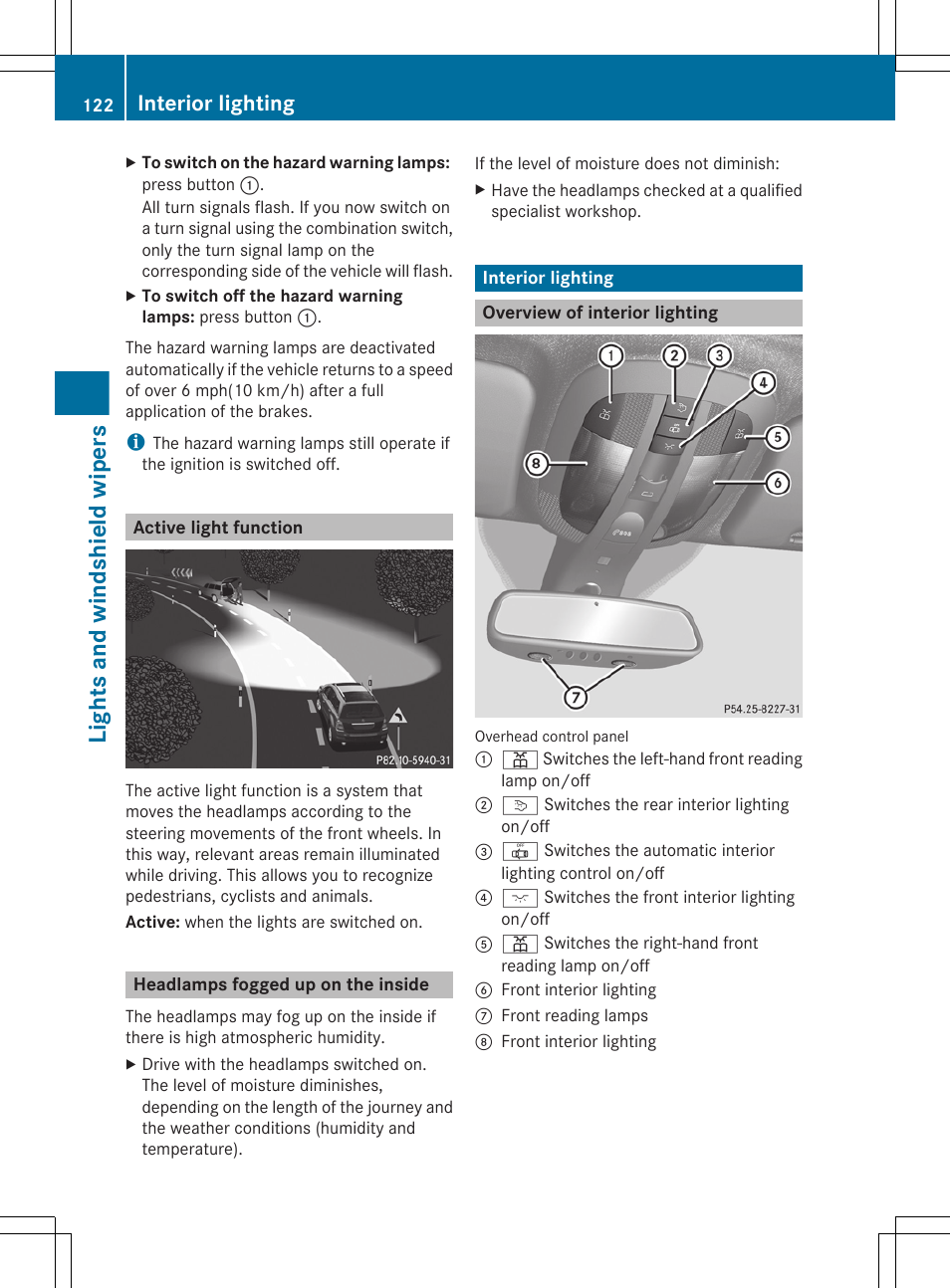 Active light function, Headlamps fogged up on the inside, Interior lighting | Overview of interior lighting, Lights and windshield wipers | Mercedes-Benz GL-Class 2012 Owners Manual User Manual | Page 124 / 384