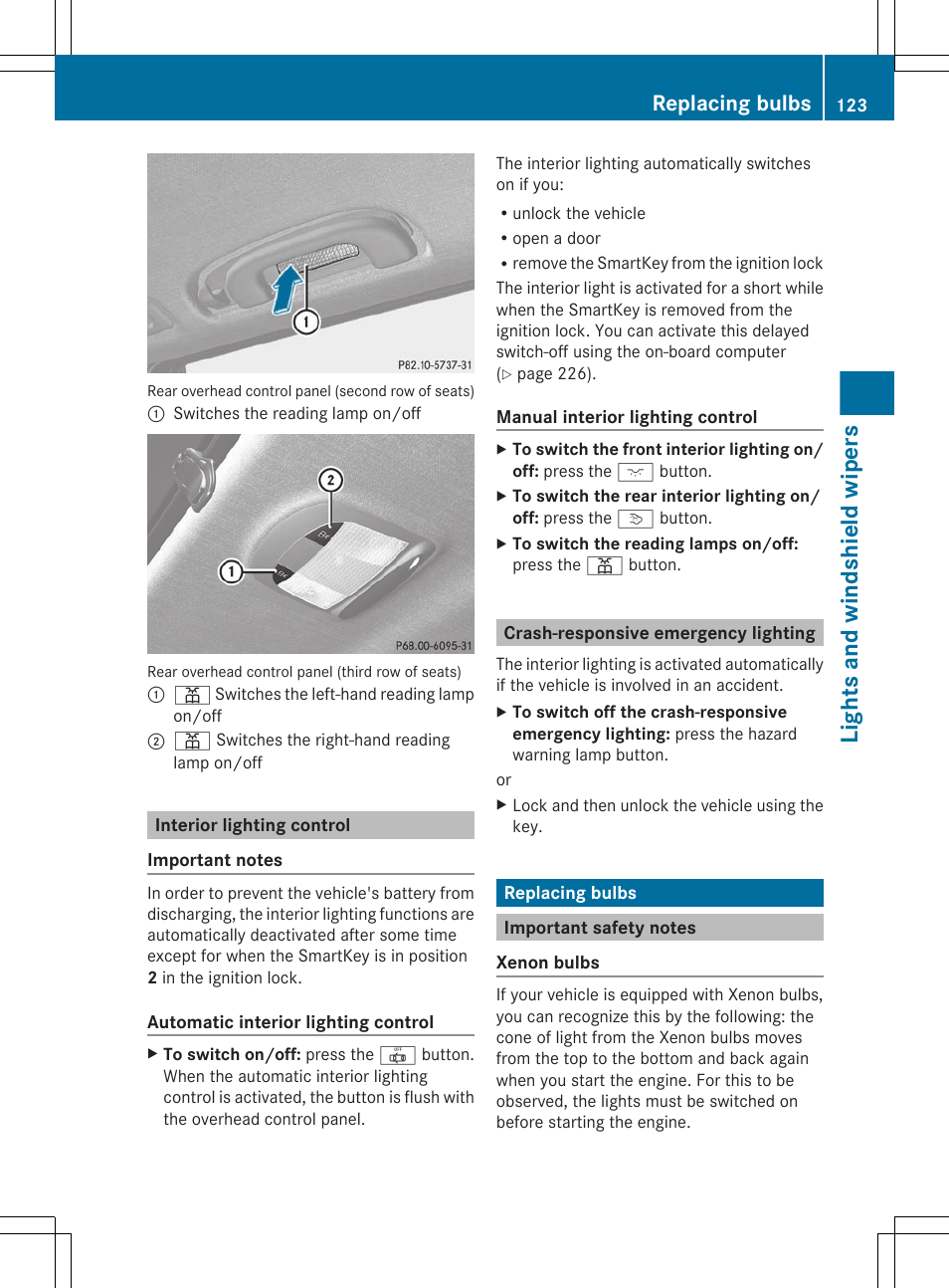 Interior lighting control, Crash-responsive emergency lighting, Replacing bulbs | Important safety notes, Lights and windshield wipers | Mercedes-Benz GL-Class 2012 Owners Manual User Manual | Page 125 / 384