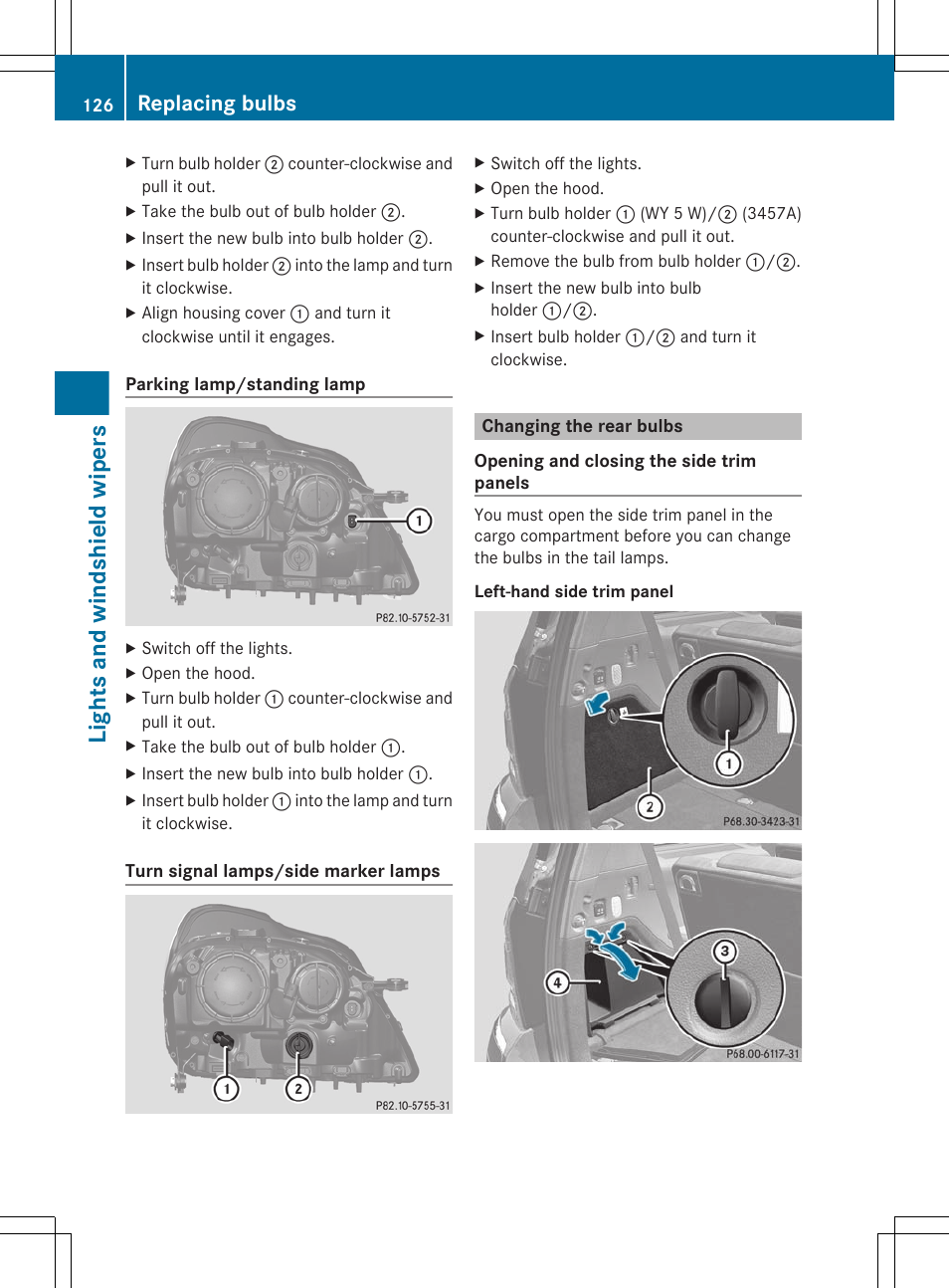 Changing the rear bulbs, Lights and windshield wipers, Replacing bulbs | Mercedes-Benz GL-Class 2012 Owners Manual User Manual | Page 128 / 384