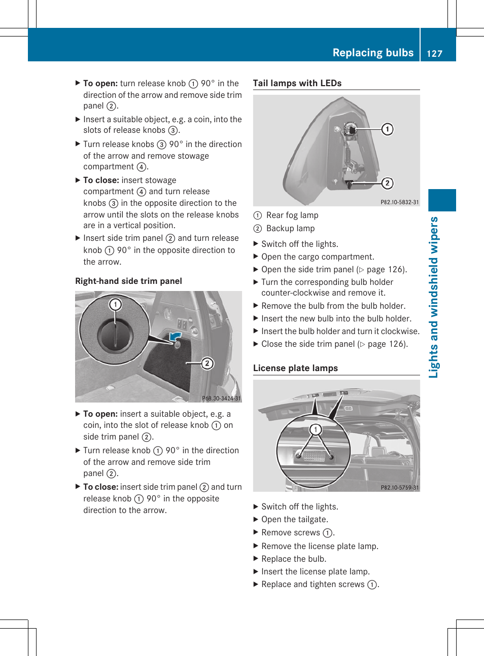Lights and windshield wipers, Replacing bulbs | Mercedes-Benz GL-Class 2012 Owners Manual User Manual | Page 129 / 384