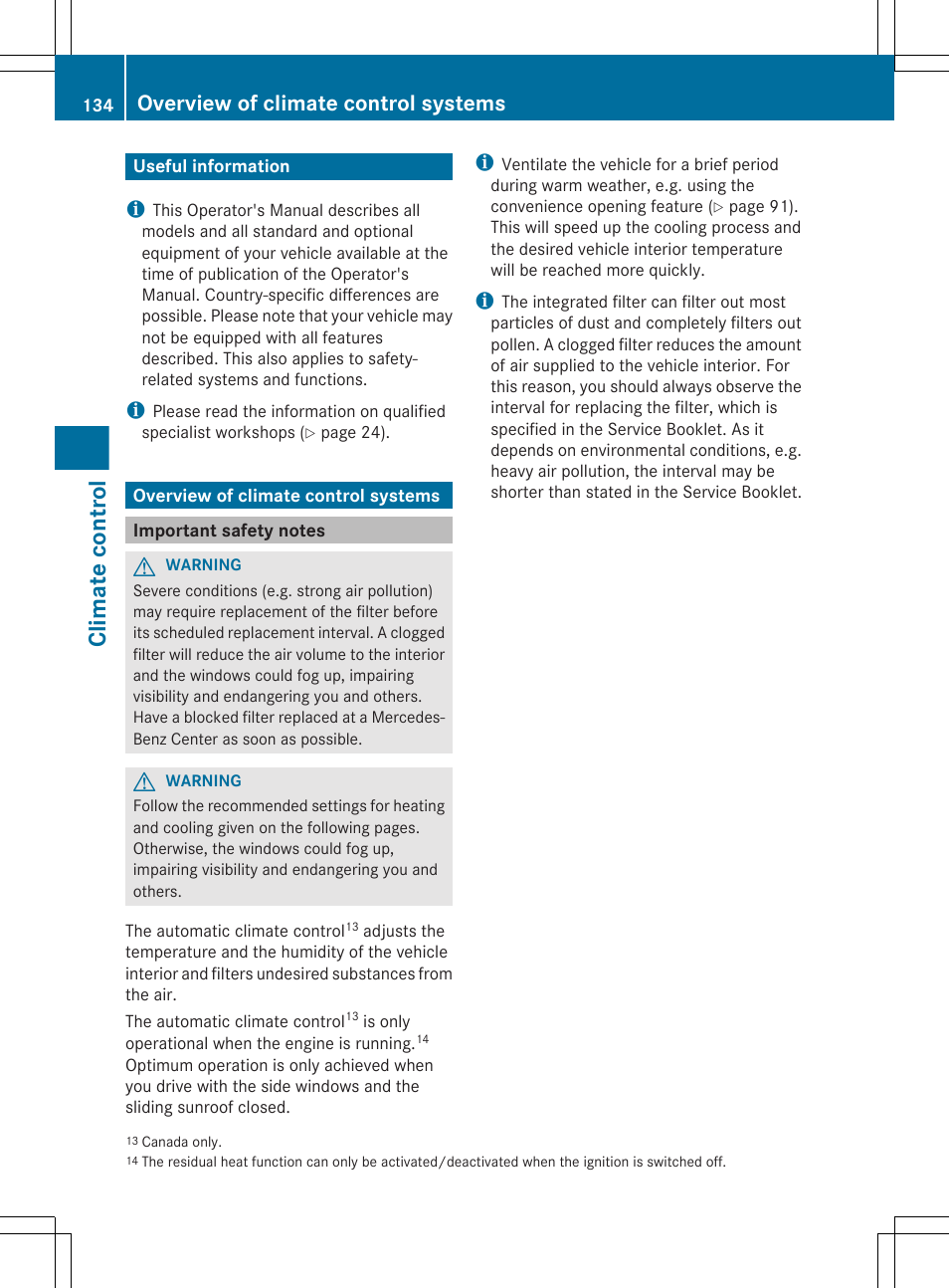 Climate control, Useful information, Overview of climate control systems | Important safety notes | Mercedes-Benz GL-Class 2012 Owners Manual User Manual | Page 136 / 384