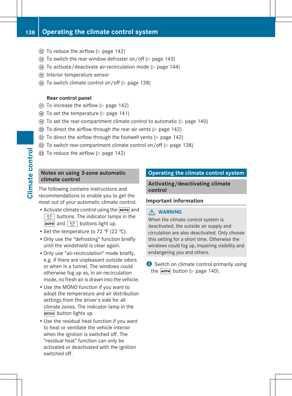 Notes on using 3-zone automatic climate control, Operating the climate control system, Activating/deactivating climate control | To switch rear-compartment climate control on/off, To switch climate control on/off, Climate control | Mercedes-Benz GL-Class 2012 Owners Manual User Manual | Page 140 / 384