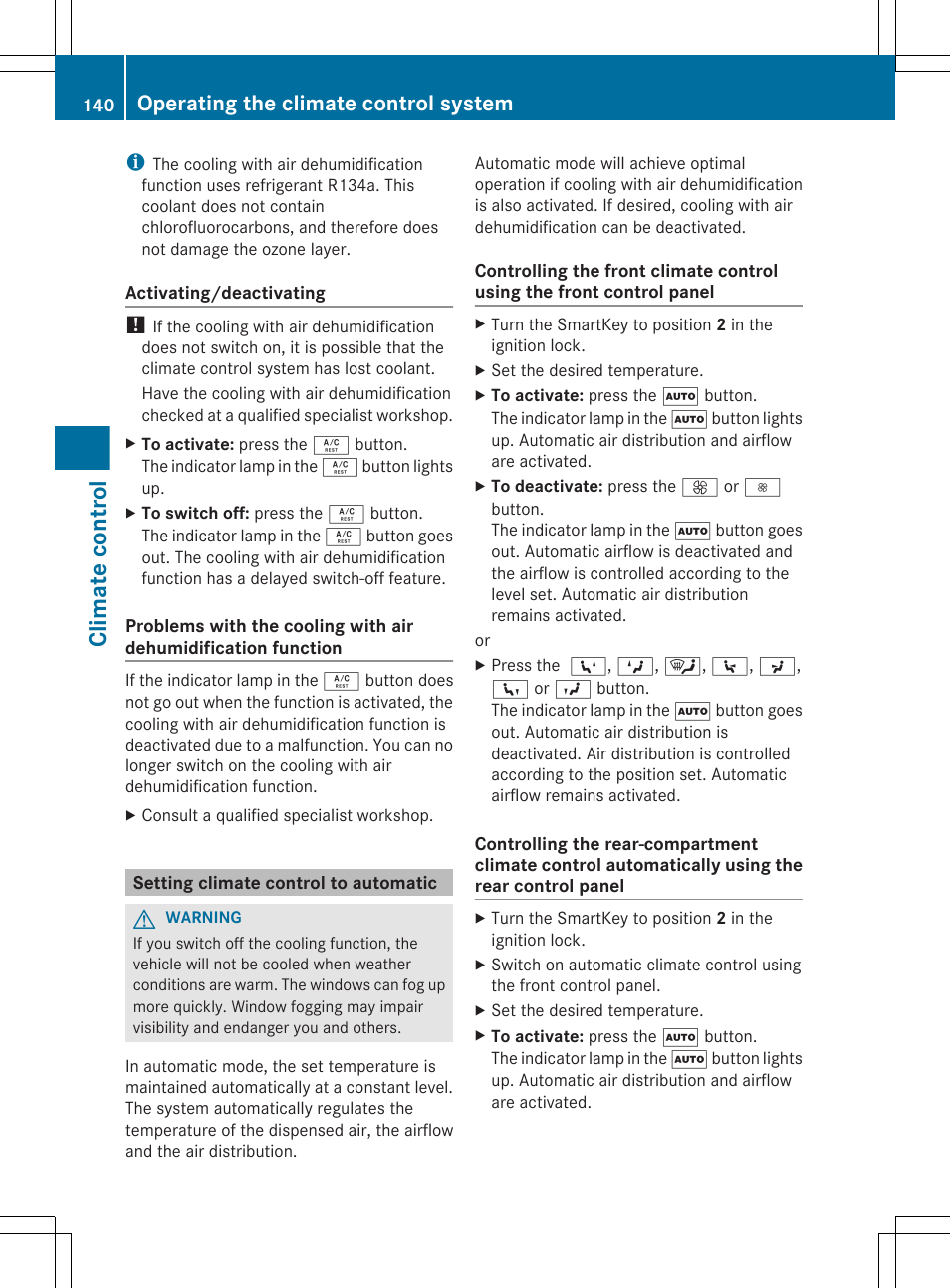 Setting climate control to automatic, To set climate control to automatic, Button | Climate control, Operating the climate control system | Mercedes-Benz GL-Class 2012 Owners Manual User Manual | Page 142 / 384