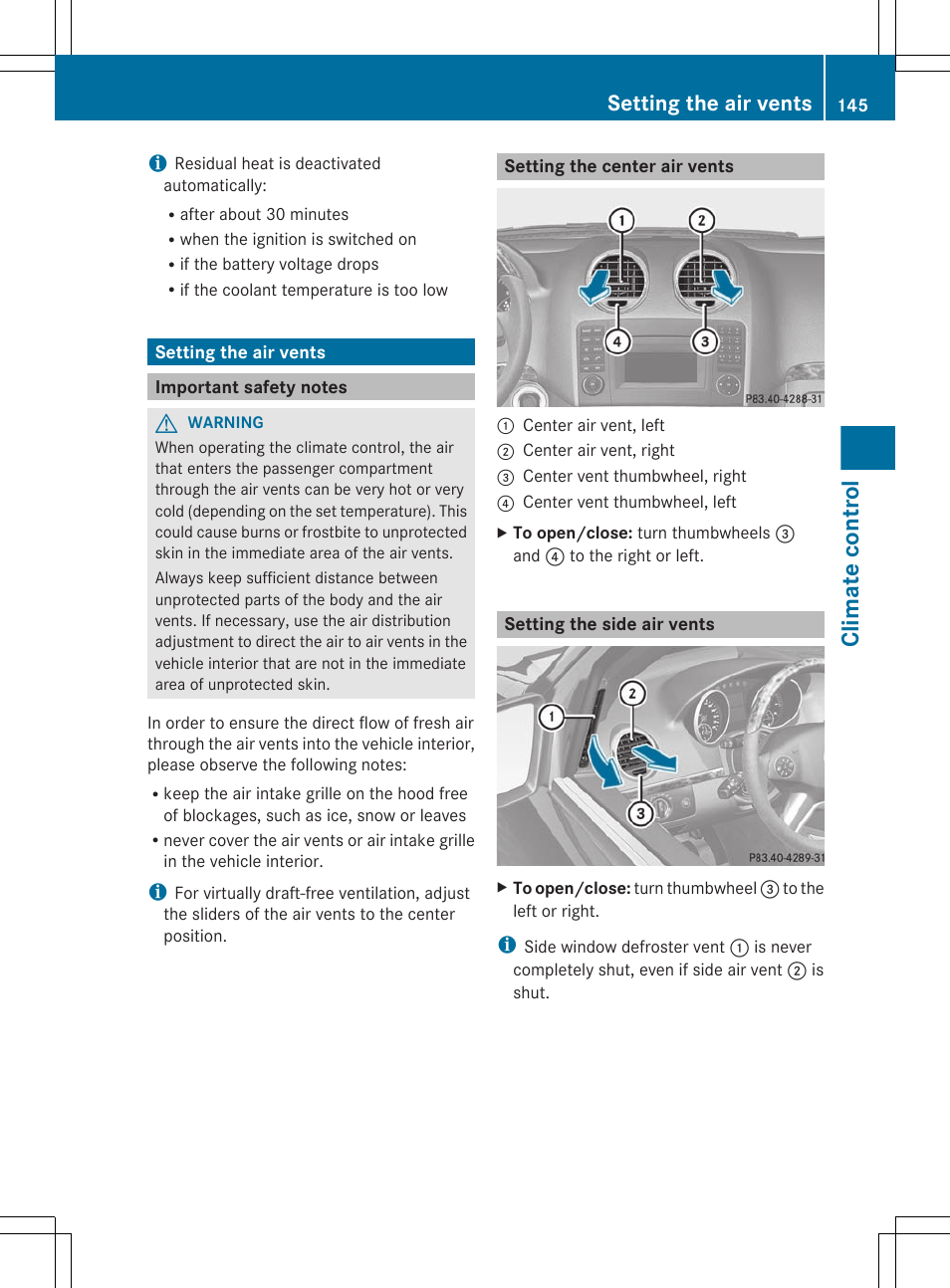 Setting the air vents, Important safety notes, Setting the center air vents | Setting the side air vents, Climate control | Mercedes-Benz GL-Class 2012 Owners Manual User Manual | Page 147 / 384