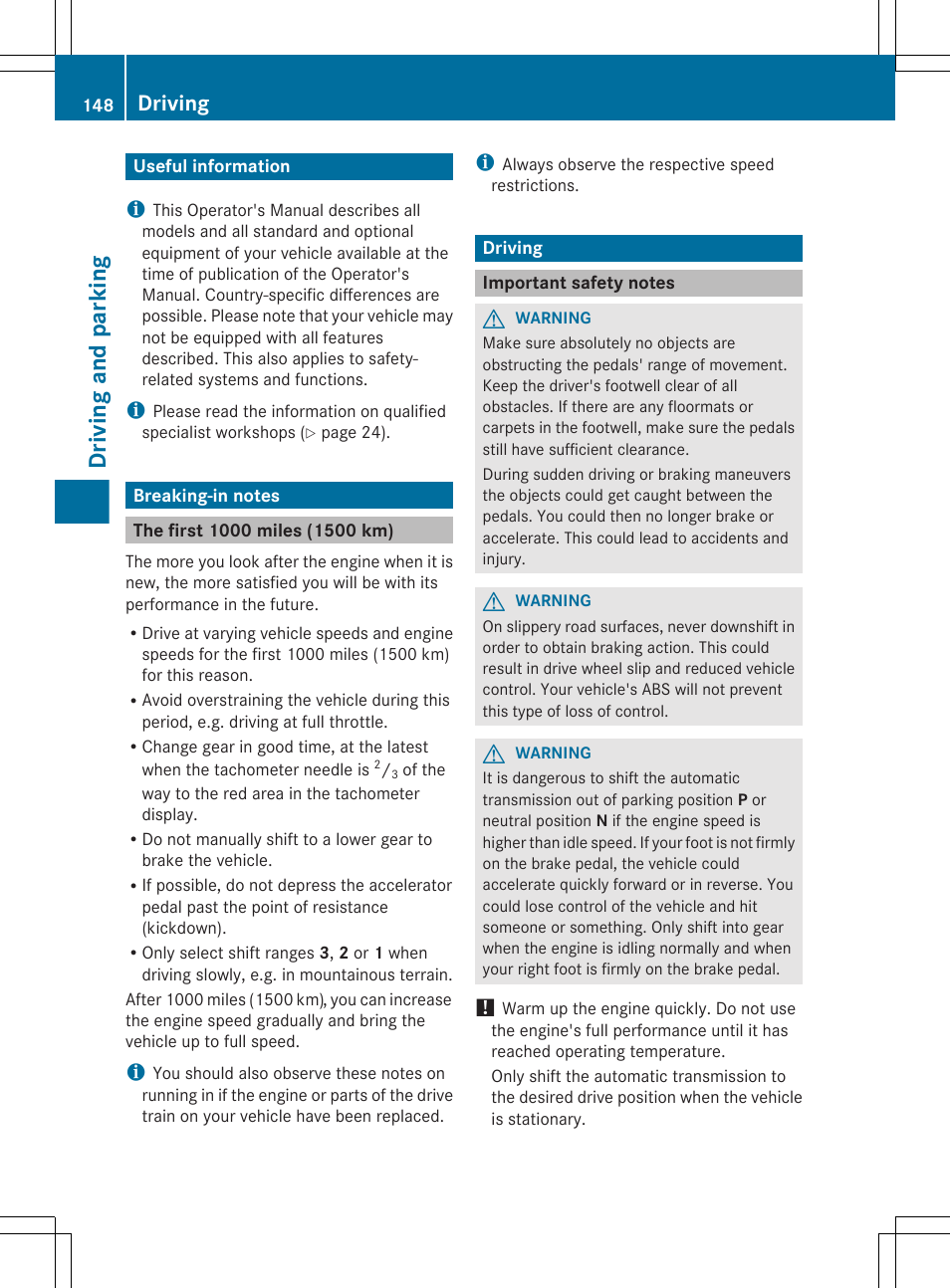 Driving and parking, Useful information, Breaking-in notes | The first 1000 miles (1500 km), Driving, Important safety notes | Mercedes-Benz GL-Class 2012 Owners Manual User Manual | Page 150 / 384