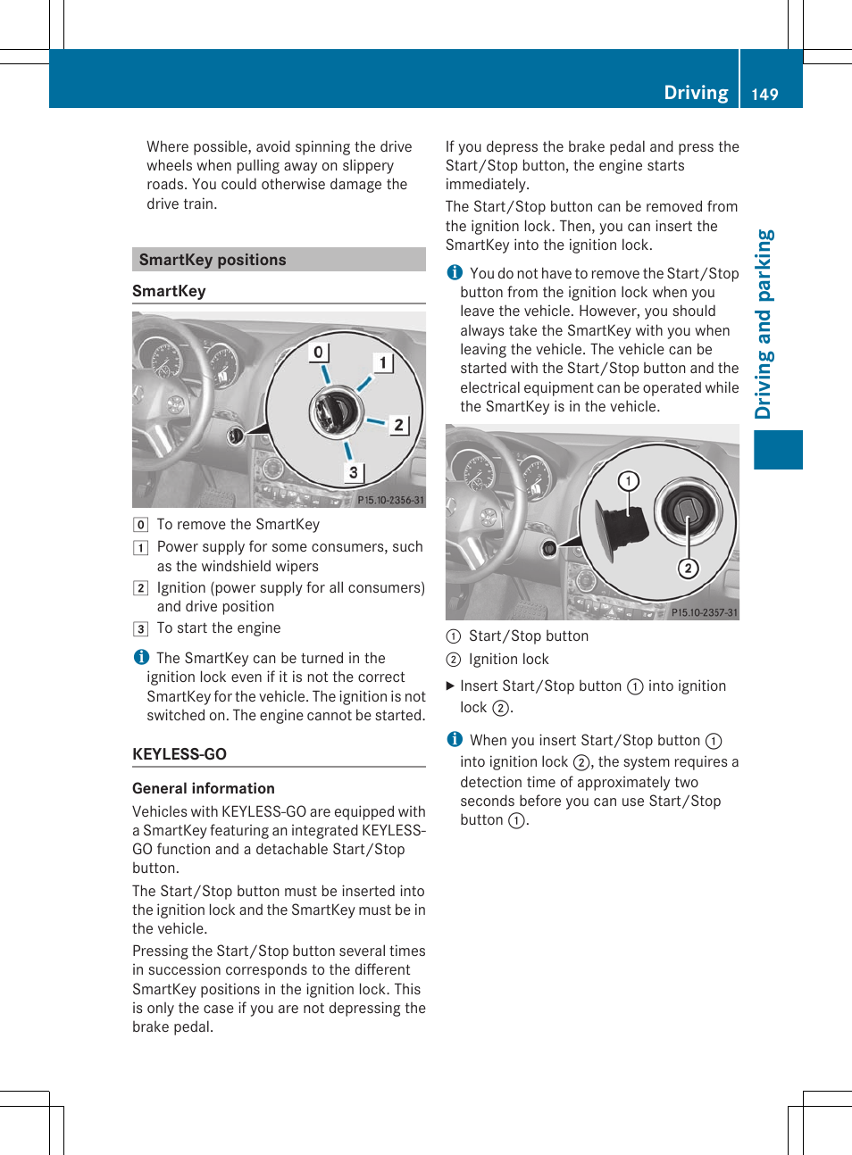 Smartkey positions, Driving and parking, Driving | Mercedes-Benz GL-Class 2012 Owners Manual User Manual | Page 151 / 384