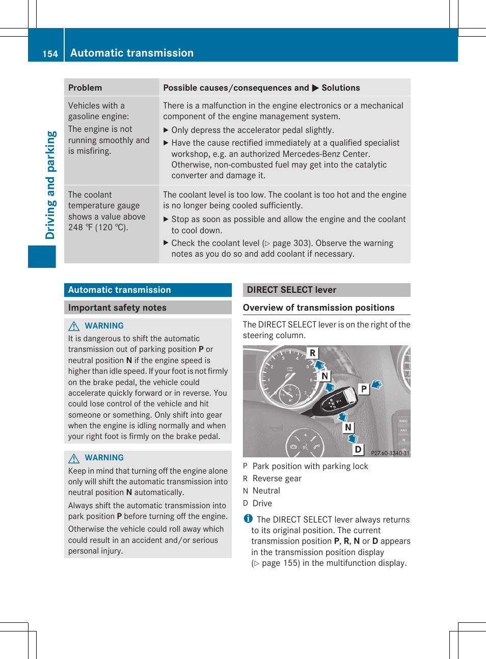 Automatic transmission, Important safety notes, Direct select lever | Driving and parking | Mercedes-Benz GL-Class 2012 Owners Manual User Manual | Page 156 / 384