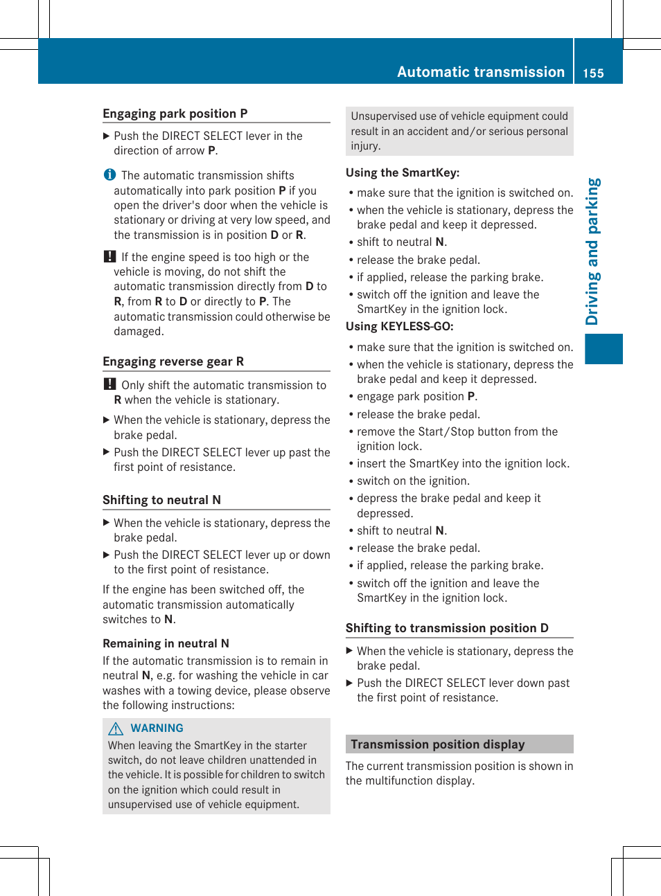 Transmission position display, Driving and parking, Automatic transmission | Mercedes-Benz GL-Class 2012 Owners Manual User Manual | Page 157 / 384