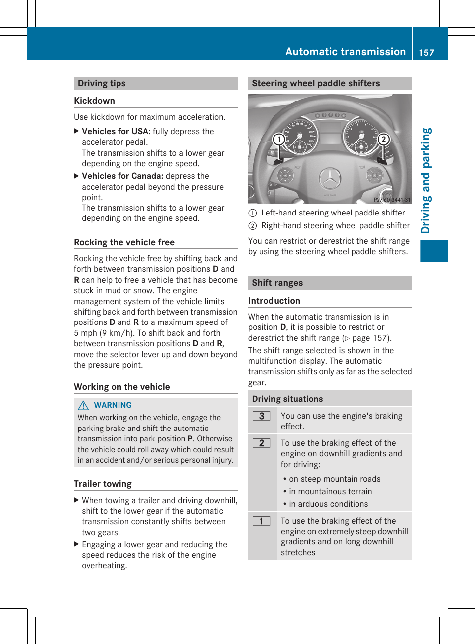 Driving tips, Steering wheel paddle shifters, Shift ranges | Driving and parking, Automatic transmission | Mercedes-Benz GL-Class 2012 Owners Manual User Manual | Page 159 / 384