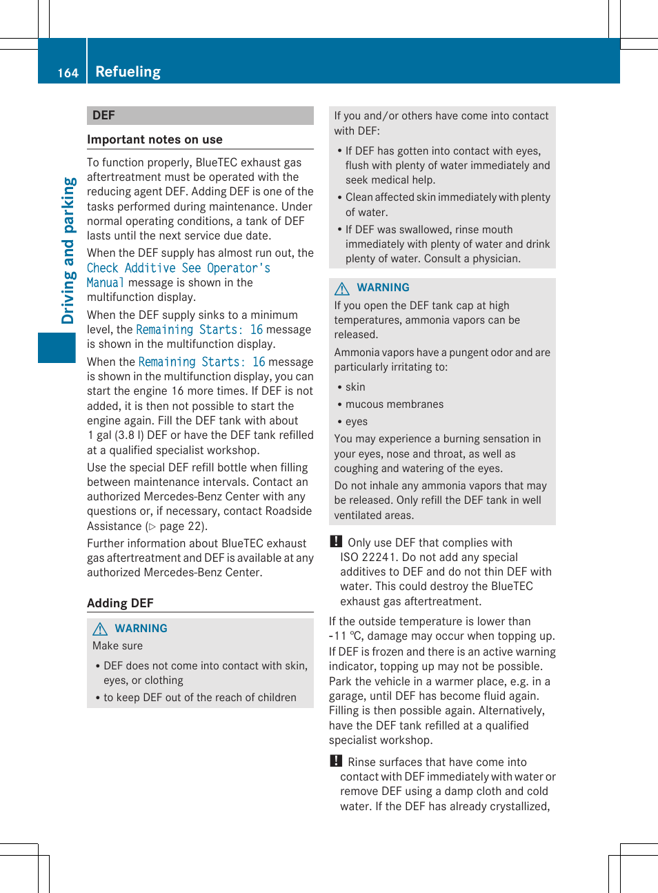 Driving and parking, Refueling | Mercedes-Benz GL-Class 2012 Owners Manual User Manual | Page 166 / 384