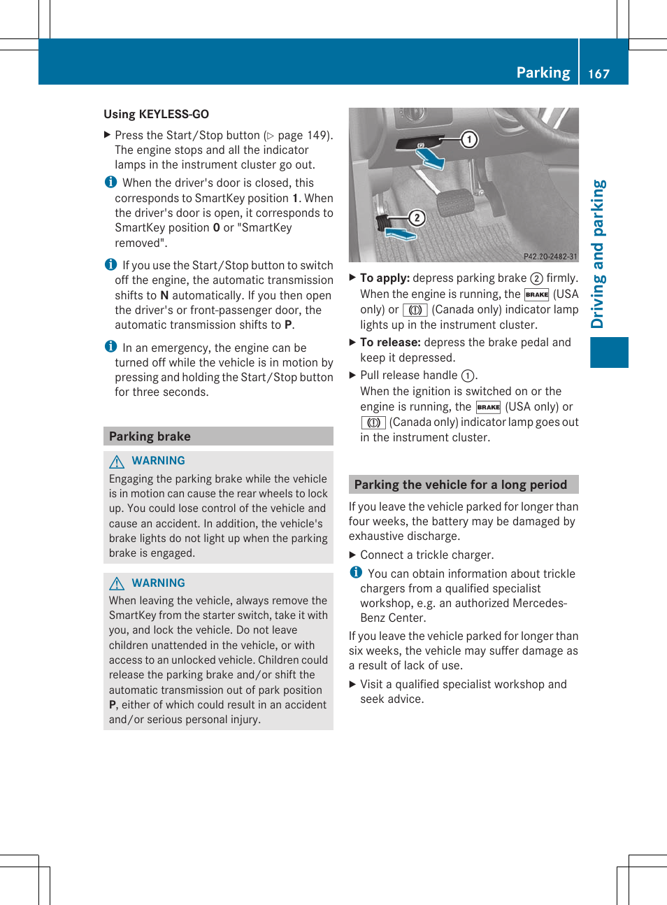 Parking brake, Parking the vehicle for a long period, Driving and parking | Parking | Mercedes-Benz GL-Class 2012 Owners Manual User Manual | Page 169 / 384