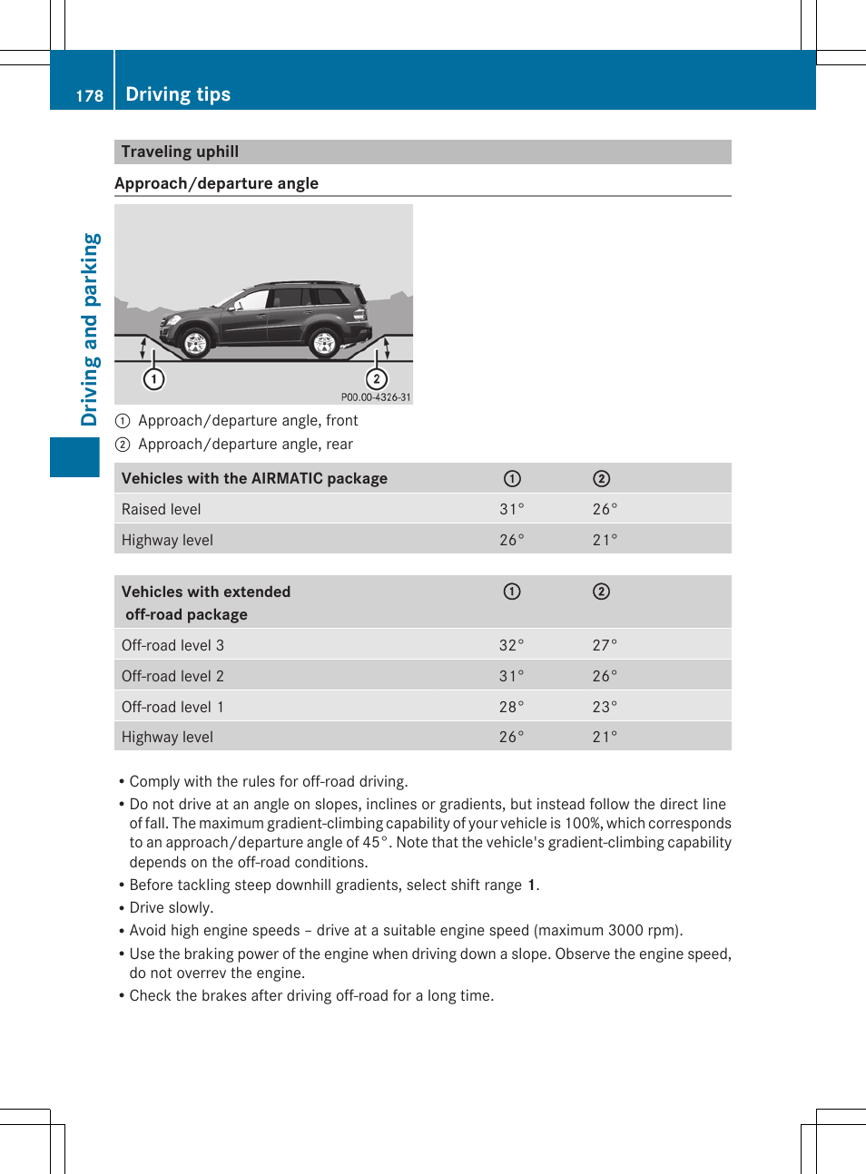 Traveling uphill, Driving and parking, Driving tips | Mercedes-Benz GL-Class 2012 Owners Manual User Manual | Page 180 / 384