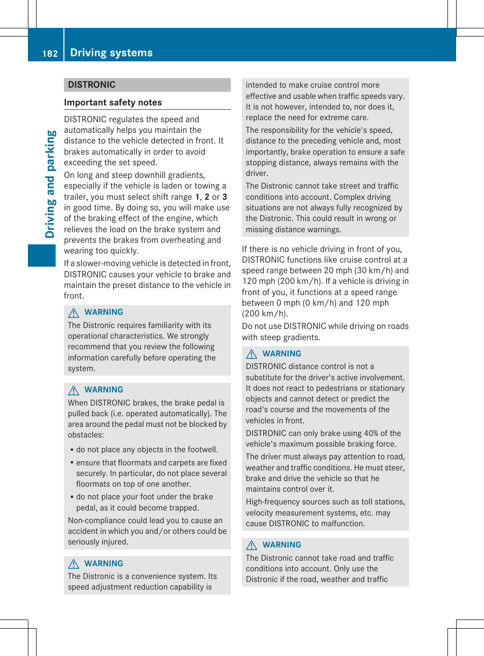 Distronic, Driving and parking, Driving systems | Mercedes-Benz GL-Class 2012 Owners Manual User Manual | Page 184 / 384