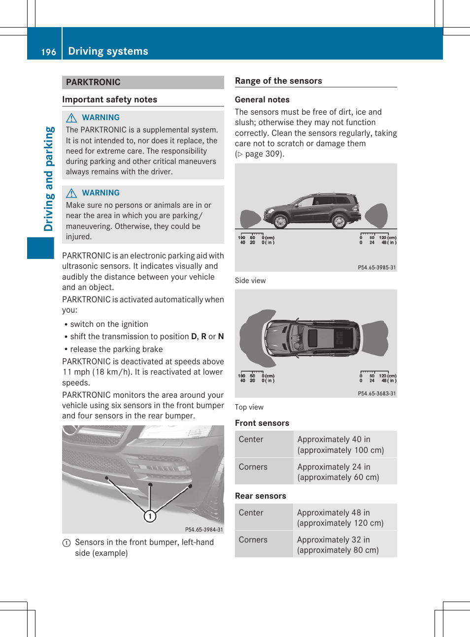 Parktronic, Driving and parking, Driving systems | Mercedes-Benz GL-Class 2012 Owners Manual User Manual | Page 198 / 384