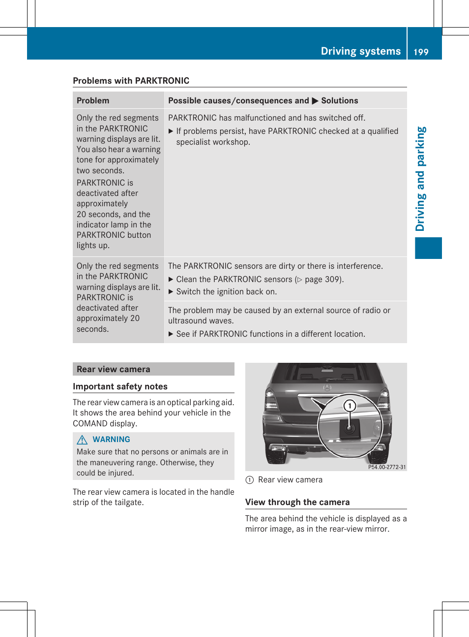Rear view camera, Driving and parking, Driving systems | Mercedes-Benz GL-Class 2012 Owners Manual User Manual | Page 201 / 384