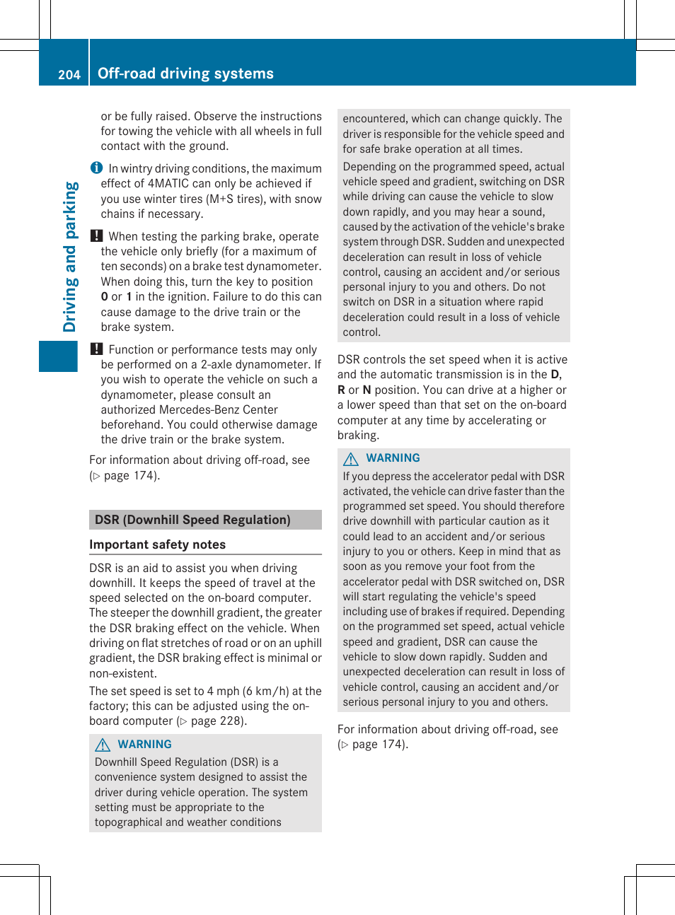 Dsr (downhill speed regulation), Deactivate dsr, Driving and parking | Off-road driving systems | Mercedes-Benz GL-Class 2012 Owners Manual User Manual | Page 206 / 384