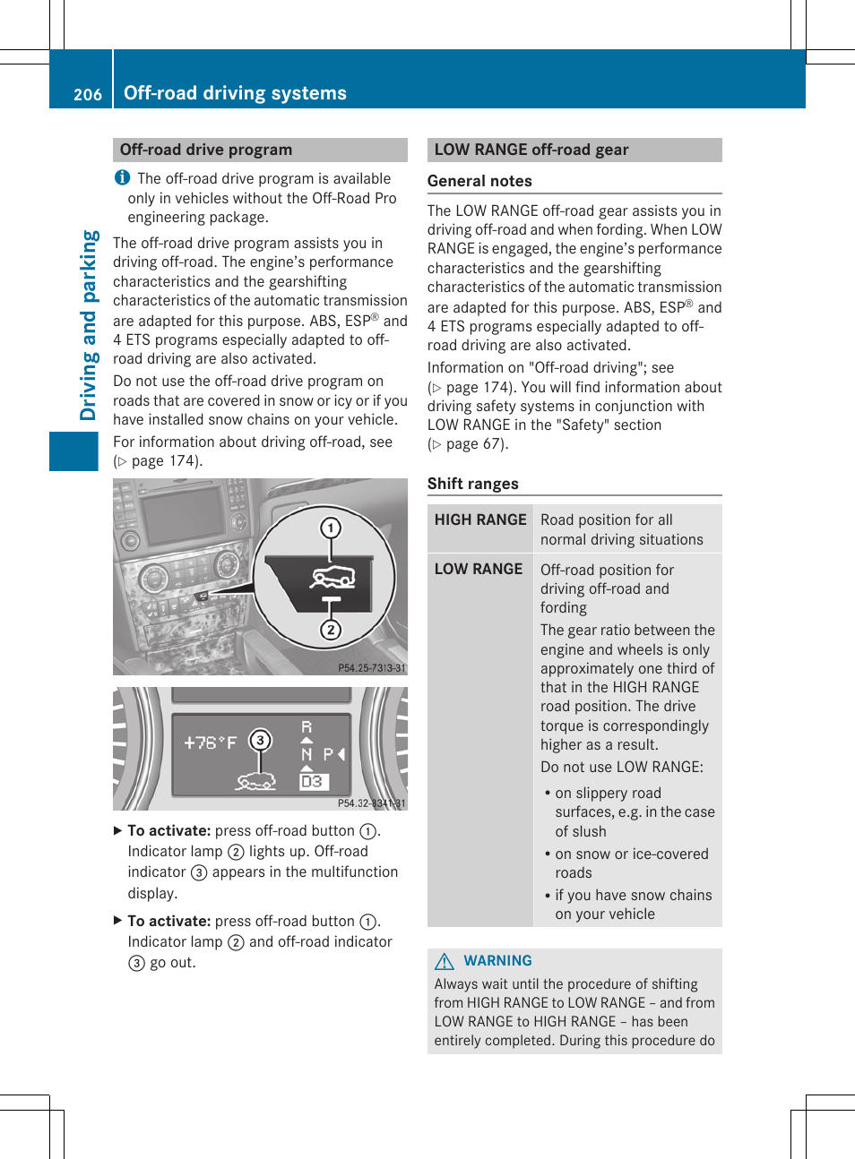 Off-road drive program, Low range off-road gear, Program | Or the low range, Gear, Driving and parking, Off-road driving systems | Mercedes-Benz GL-Class 2012 Owners Manual User Manual | Page 208 / 384