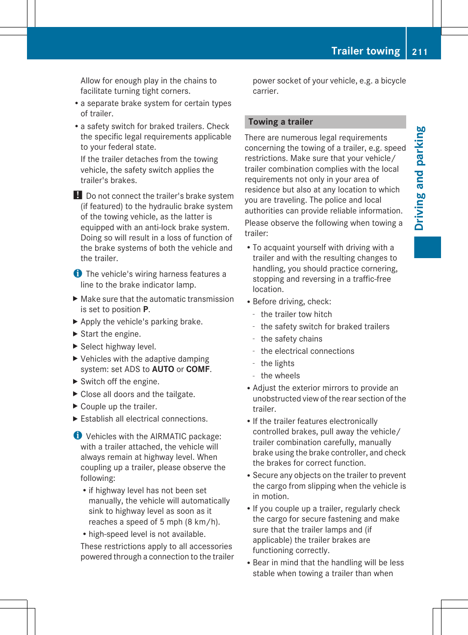 Towing a trailer, Driving and parking, Trailer towing | Mercedes-Benz GL-Class 2012 Owners Manual User Manual | Page 213 / 384