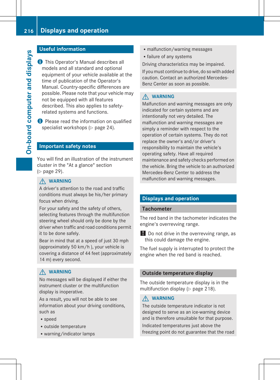 On-board computer and displays, Useful information, Important safety notes | Displays and operation, Tachometer, Outside temperature display | Mercedes-Benz GL-Class 2012 Owners Manual User Manual | Page 218 / 384