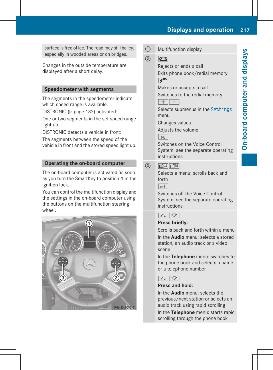 Speedometer with segments, Operating the on-board computer, On-board computer and displays | Displays and operation | Mercedes-Benz GL-Class 2012 Owners Manual User Manual | Page 219 / 384