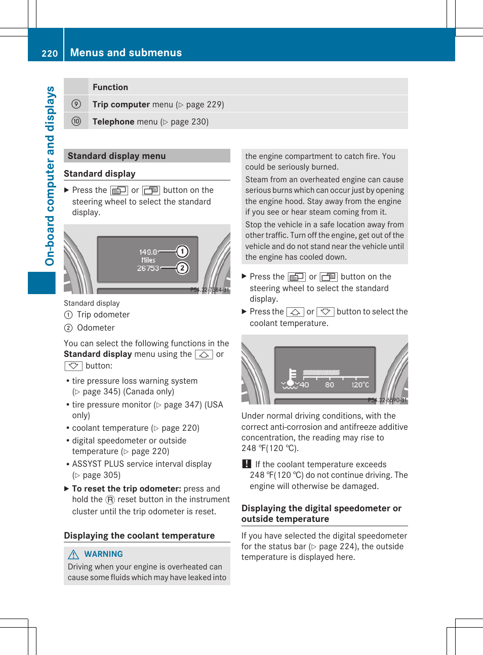 Standard display menu, Menu, On-board computer and displays | Menus and submenus | Mercedes-Benz GL-Class 2012 Owners Manual User Manual | Page 222 / 384