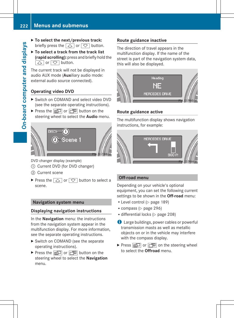 Navigation system menu, Off-road menu, Road menu | Menu, On-board computer and displays, Menus and submenus | Mercedes-Benz GL-Class 2012 Owners Manual User Manual | Page 224 / 384