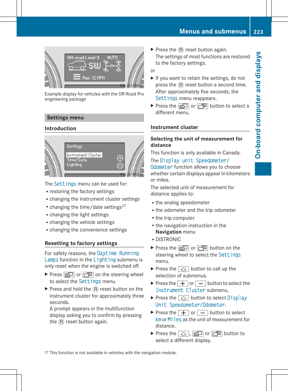 Settings menu, Menu, On-board computer and displays | Menus and submenus | Mercedes-Benz GL-Class 2012 Owners Manual User Manual | Page 225 / 384