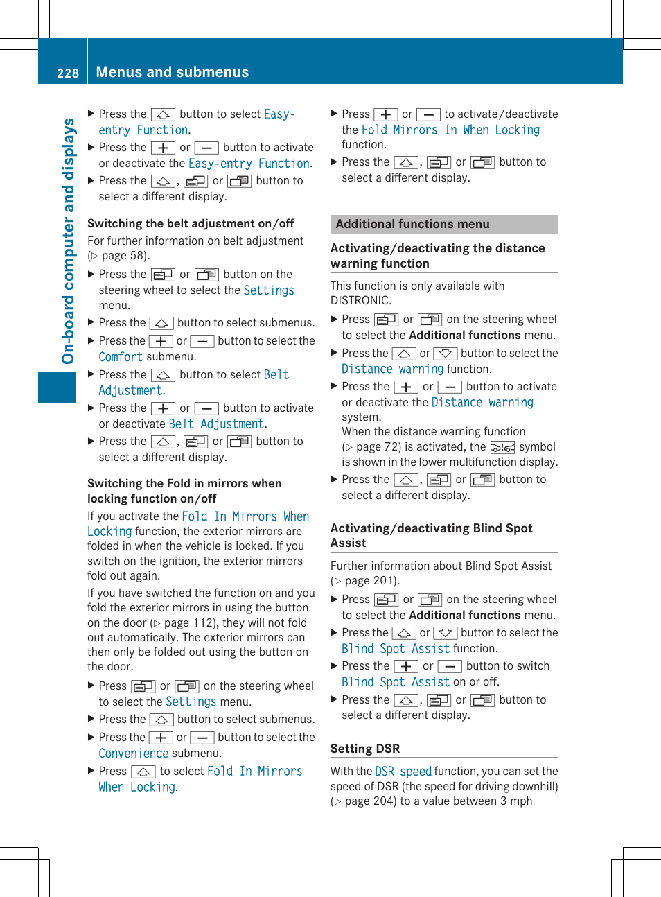 Additional functions menu, Computer, On-board computer | Board computer, Menu, On-board computer and displays, Menus and submenus | Mercedes-Benz GL-Class 2012 Owners Manual User Manual | Page 230 / 384