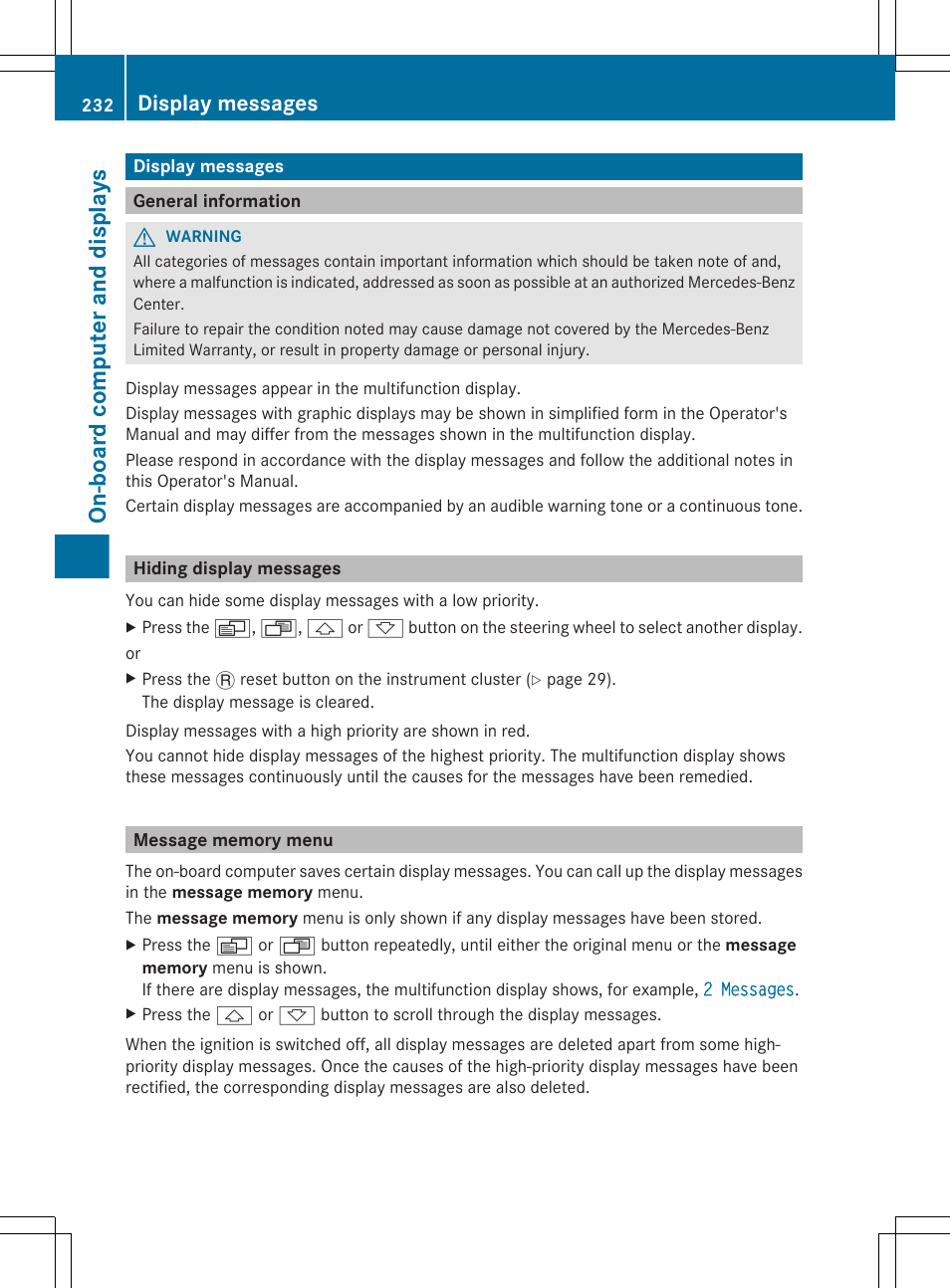 Display messages, General information, Hiding display messages | Message memory menu, Menu, On-board computer and displays | Mercedes-Benz GL-Class 2012 Owners Manual User Manual | Page 234 / 384