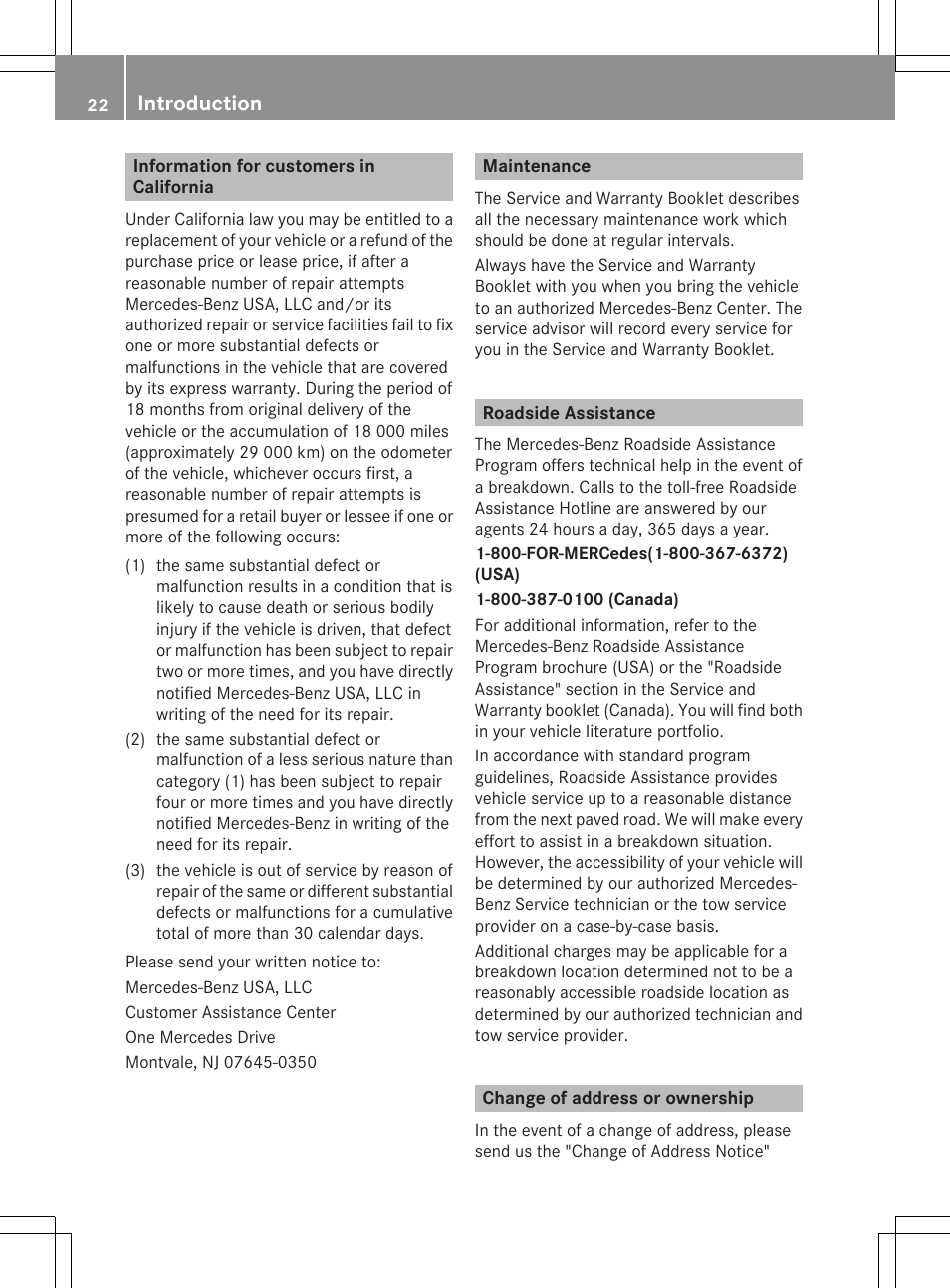 Information for customers in california, Maintenance, Roadside assistance | Change of address or ownership, Introduction | Mercedes-Benz GL-Class 2012 Owners Manual User Manual | Page 24 / 384
