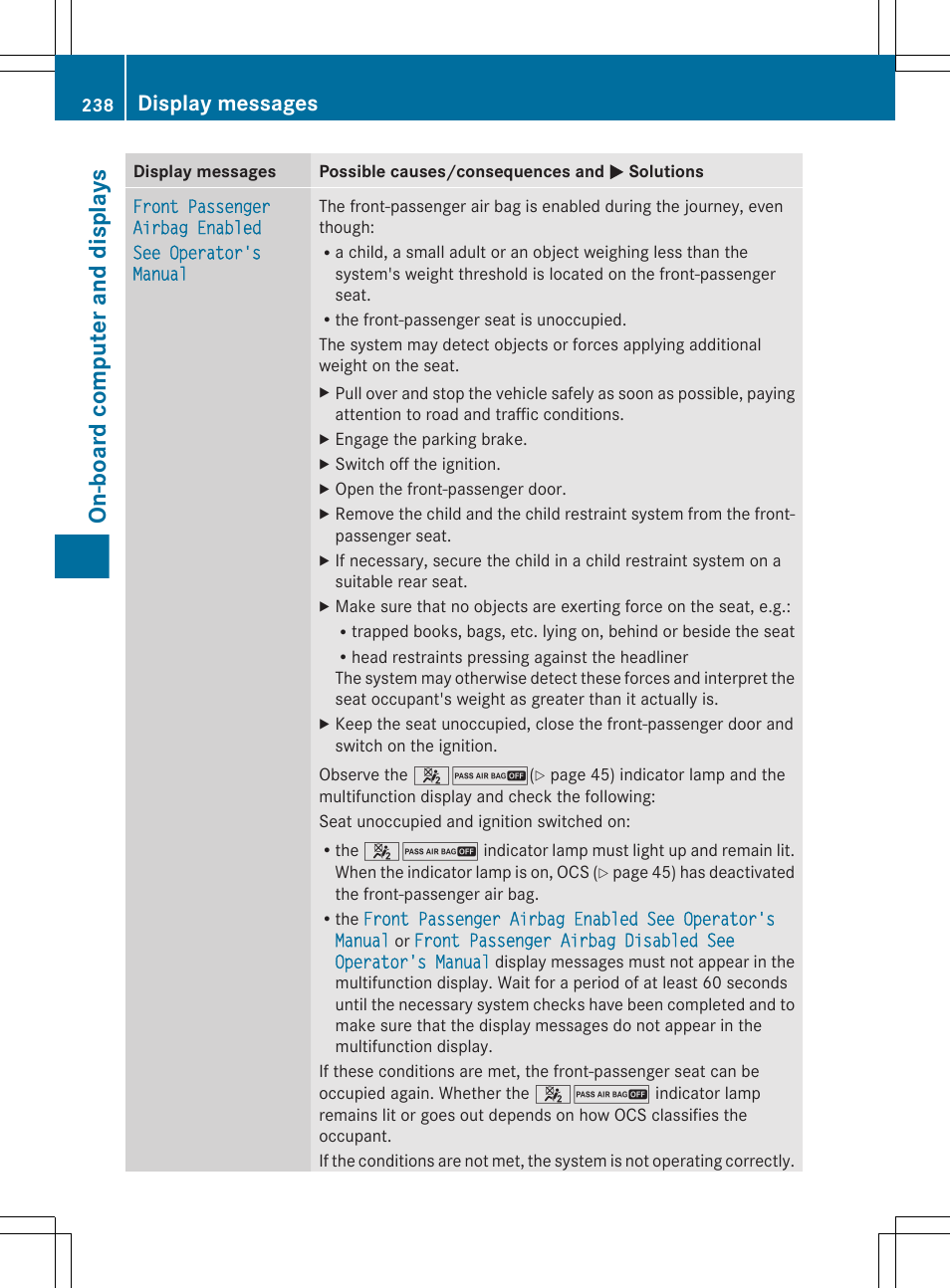 On-board computer and displays, Display messages | Mercedes-Benz GL-Class 2012 Owners Manual User Manual | Page 240 / 384