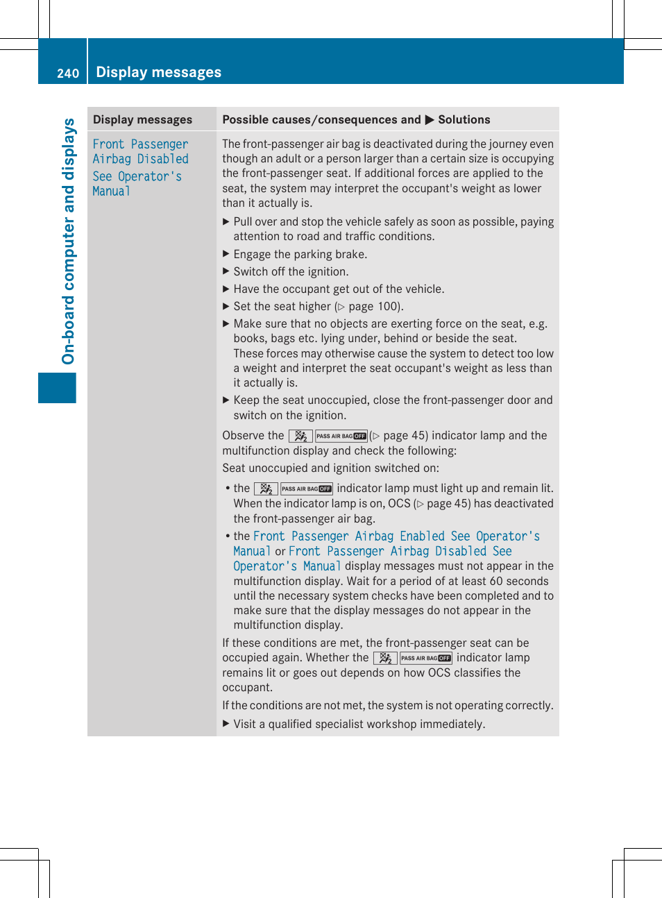 On-board computer and displays, Display messages | Mercedes-Benz GL-Class 2012 Owners Manual User Manual | Page 242 / 384