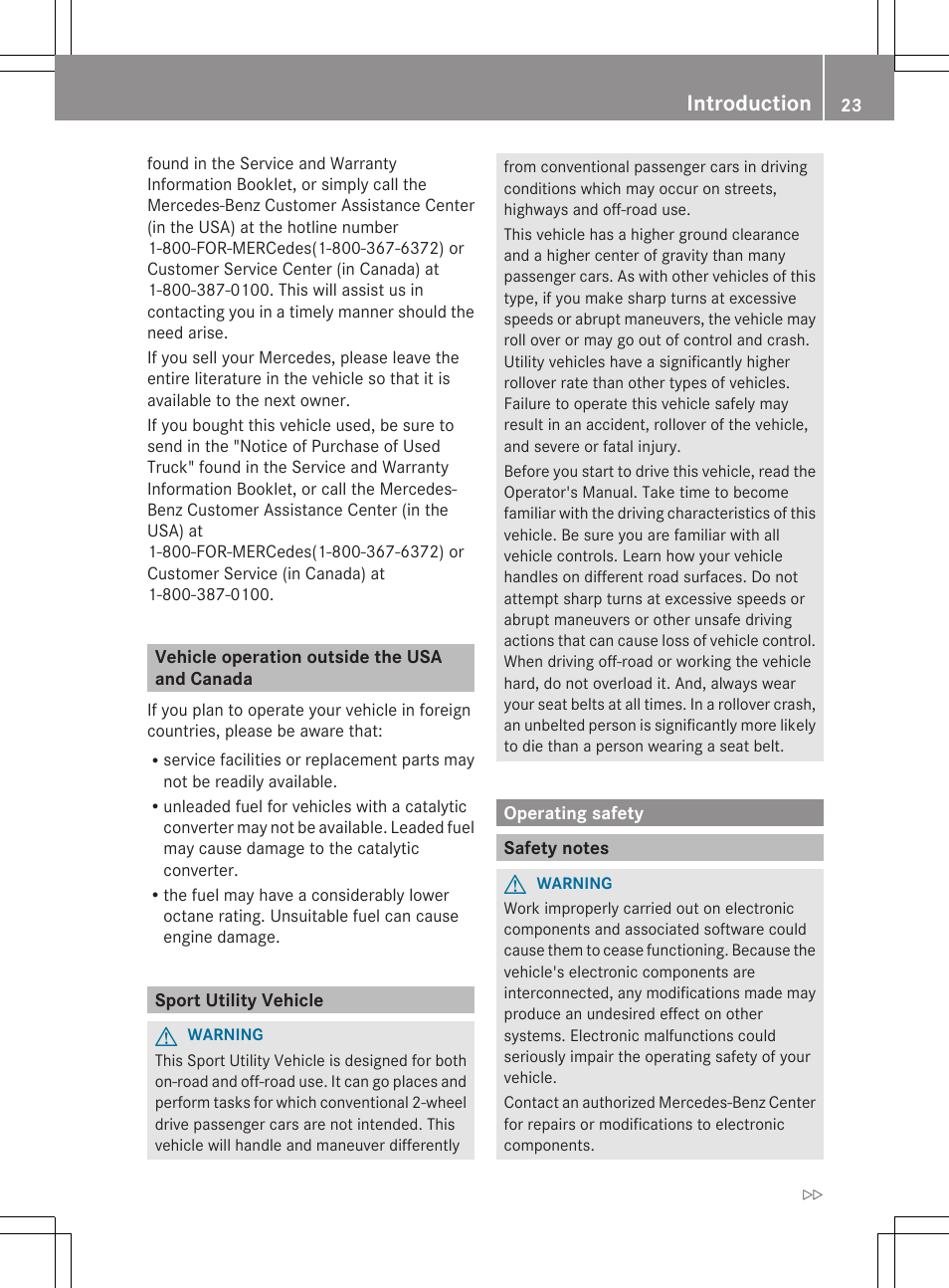 Vehicle operation outside the usa and canada, Sport utility vehicle, Operating safety | Safety notes, Introduction | Mercedes-Benz GL-Class 2012 Owners Manual User Manual | Page 25 / 384