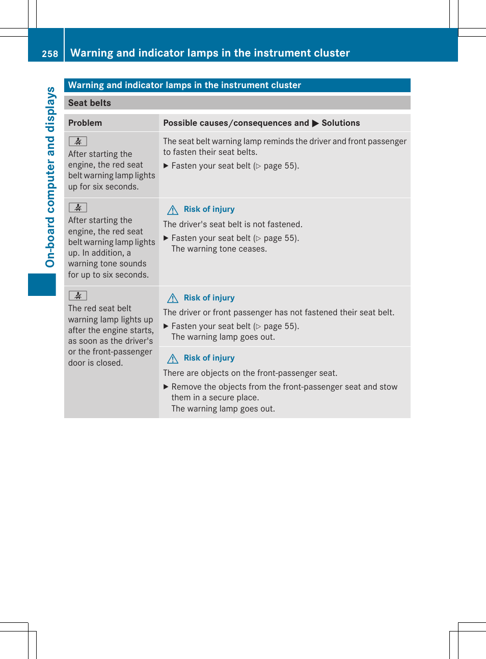 Seat belts, Seat belt, On-board computer and displays | Mercedes-Benz GL-Class 2012 Owners Manual User Manual | Page 260 / 384