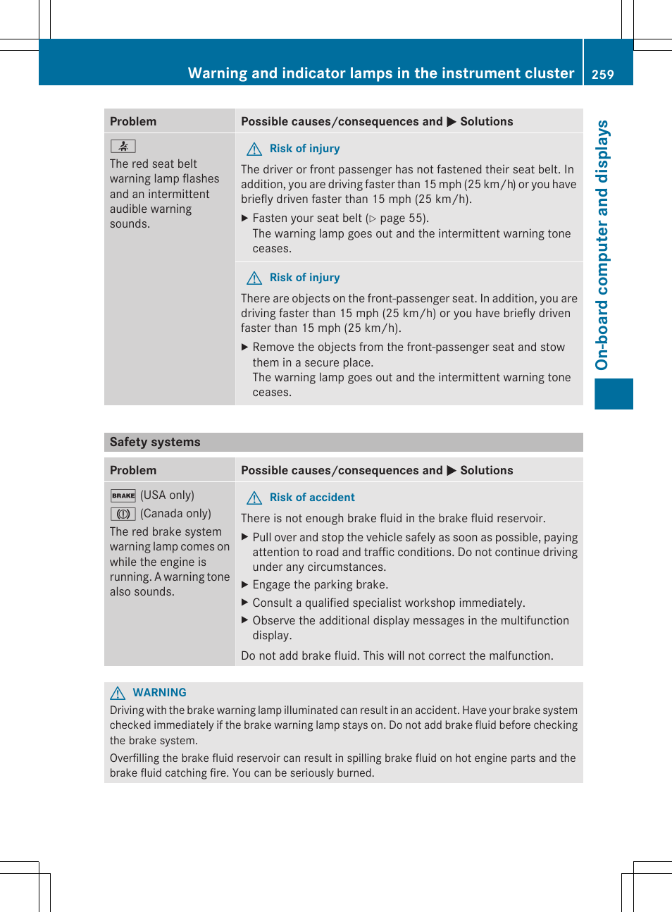 Safety systems, Vehicle is in motion, see, On-board computer and displays | Mercedes-Benz GL-Class 2012 Owners Manual User Manual | Page 261 / 384